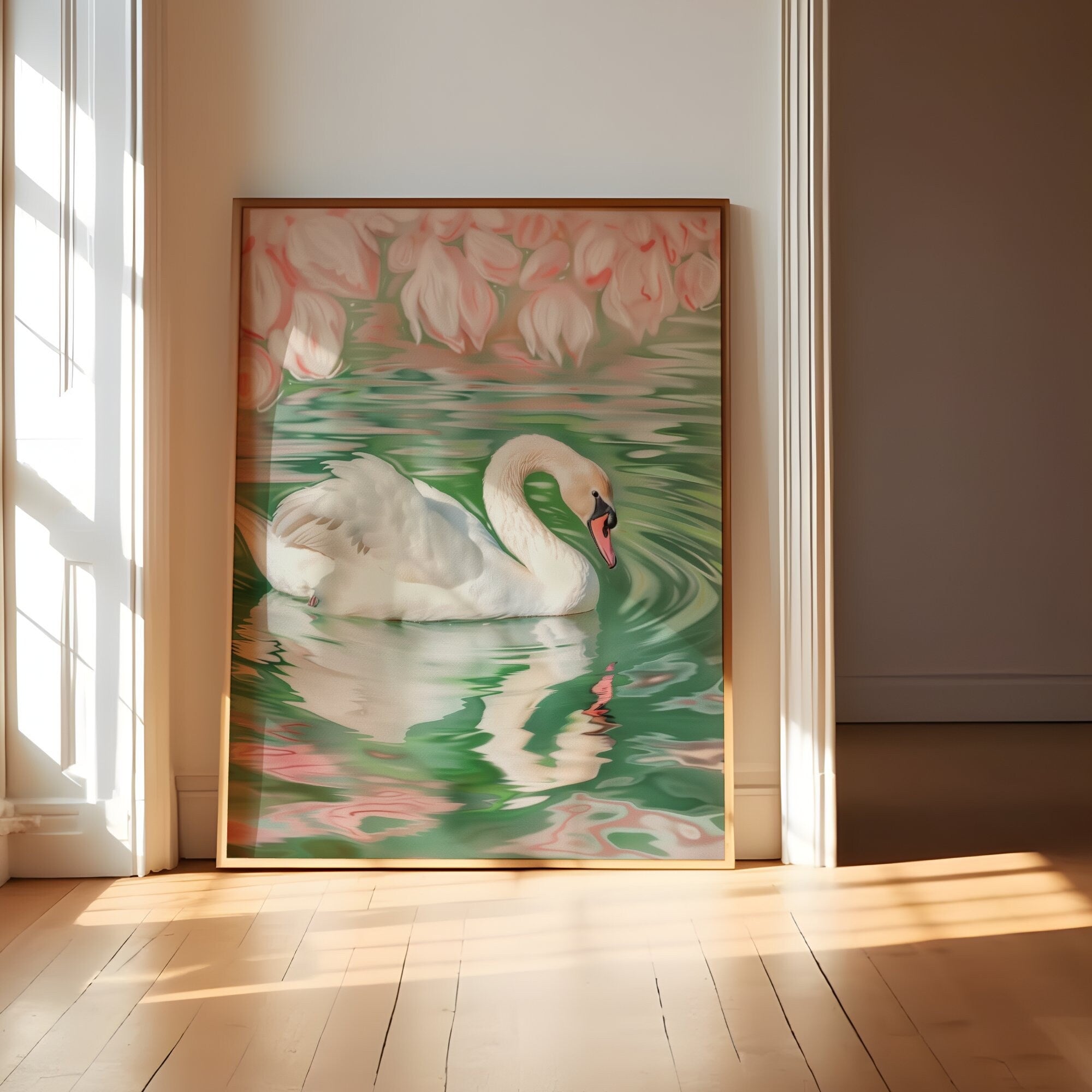 Swan in Water Art Soft Pink and Green Swan Illustration Interactive Wall Art