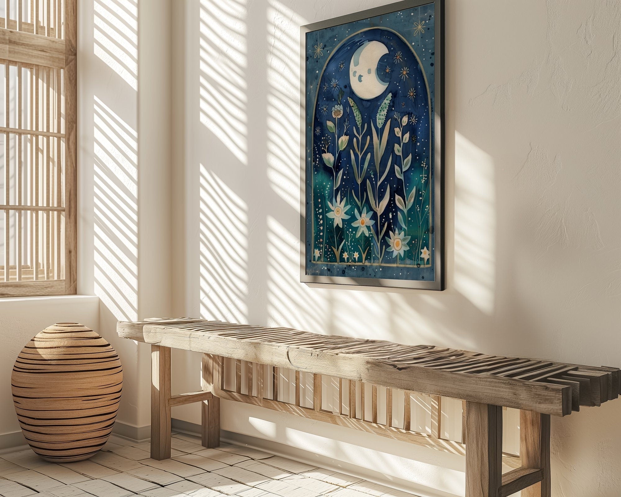 The Celestial Garden: Moon Phase & Floral Star Art | Boho, Spiritual & Vintage Wall Decor