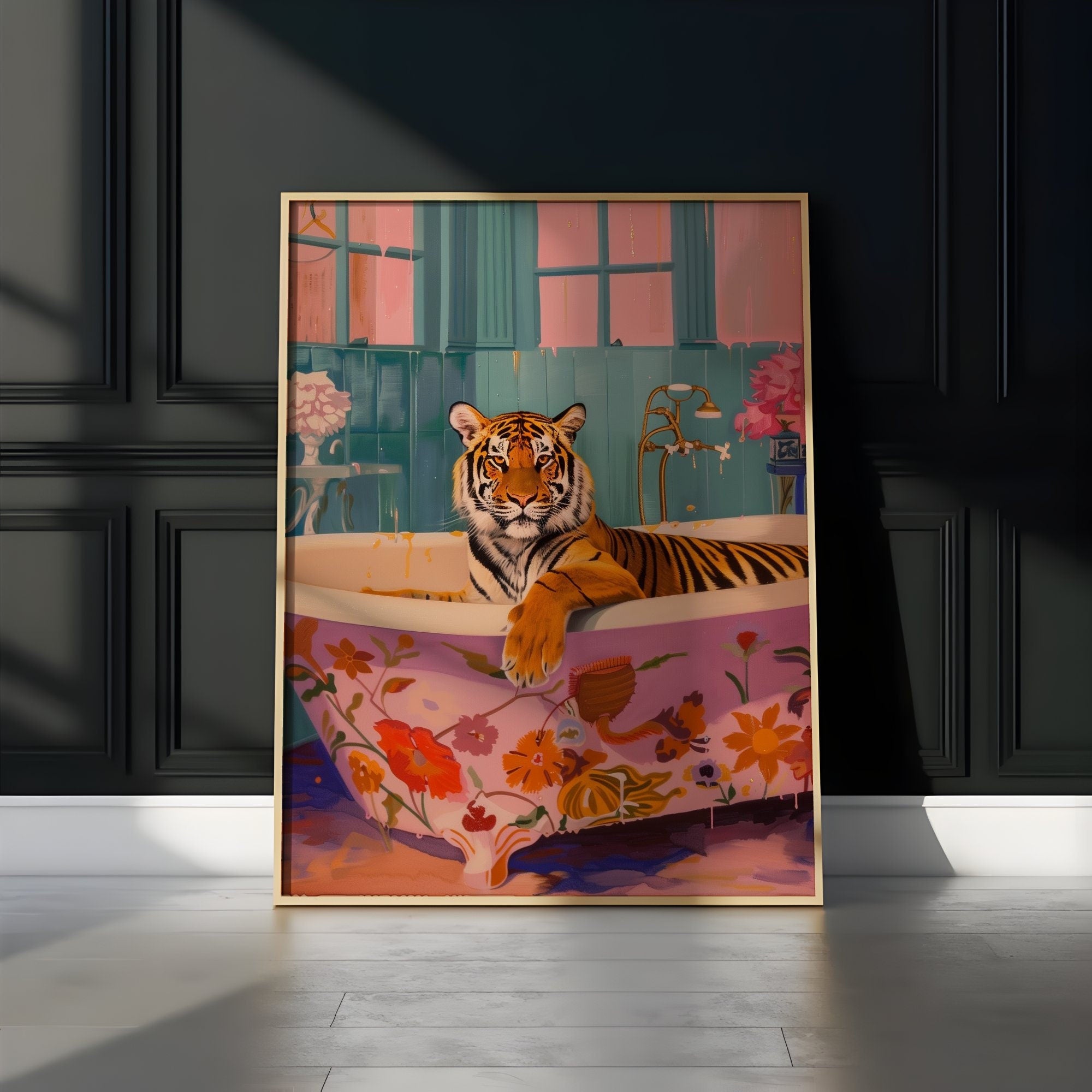 Preppy Tiger Art Maximalist Dopamine Tiger in Bath Interactive Wall Art