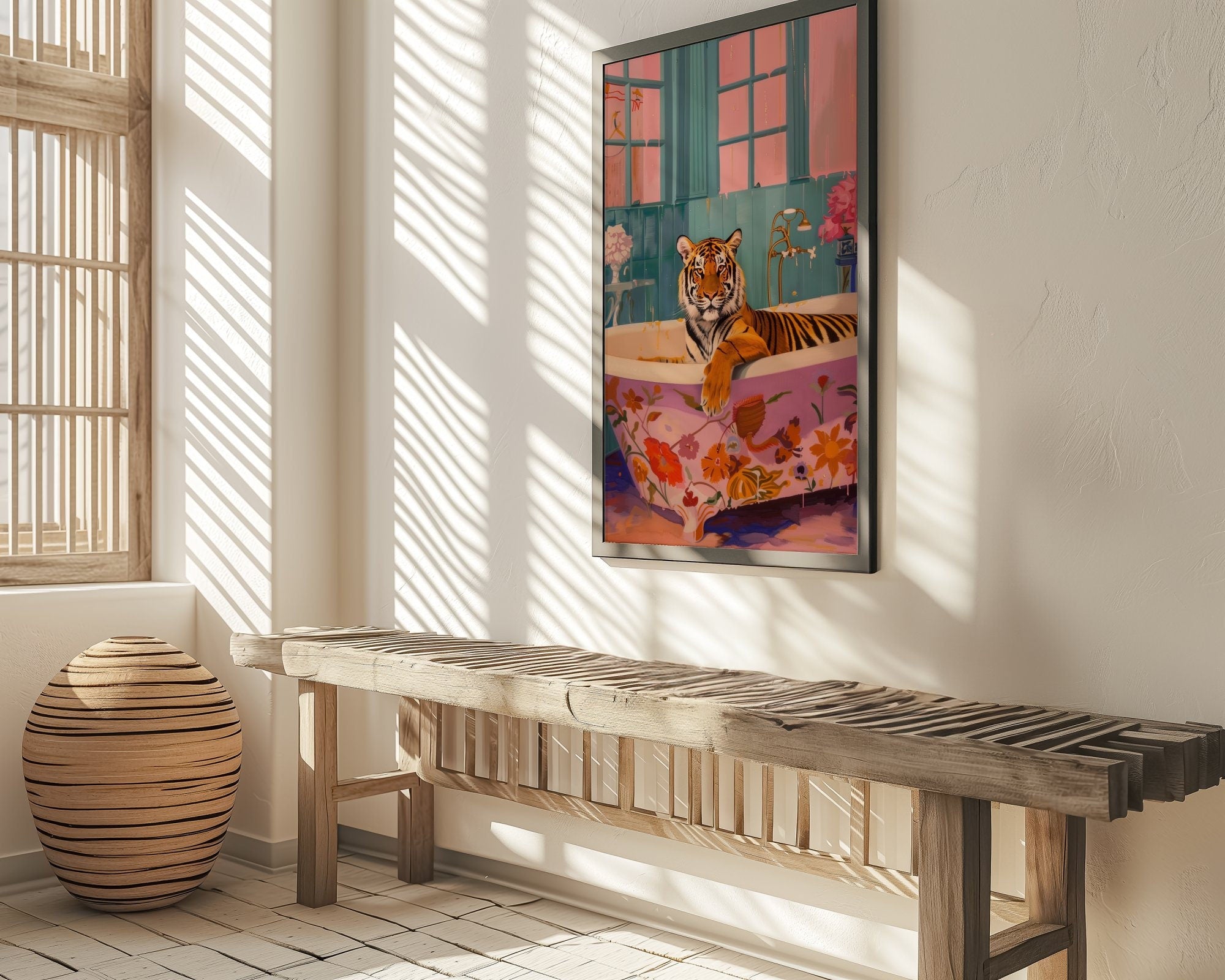 Preppy Tiger Art Maximalist Dopamine Tiger in Bath Interactive Wall Art