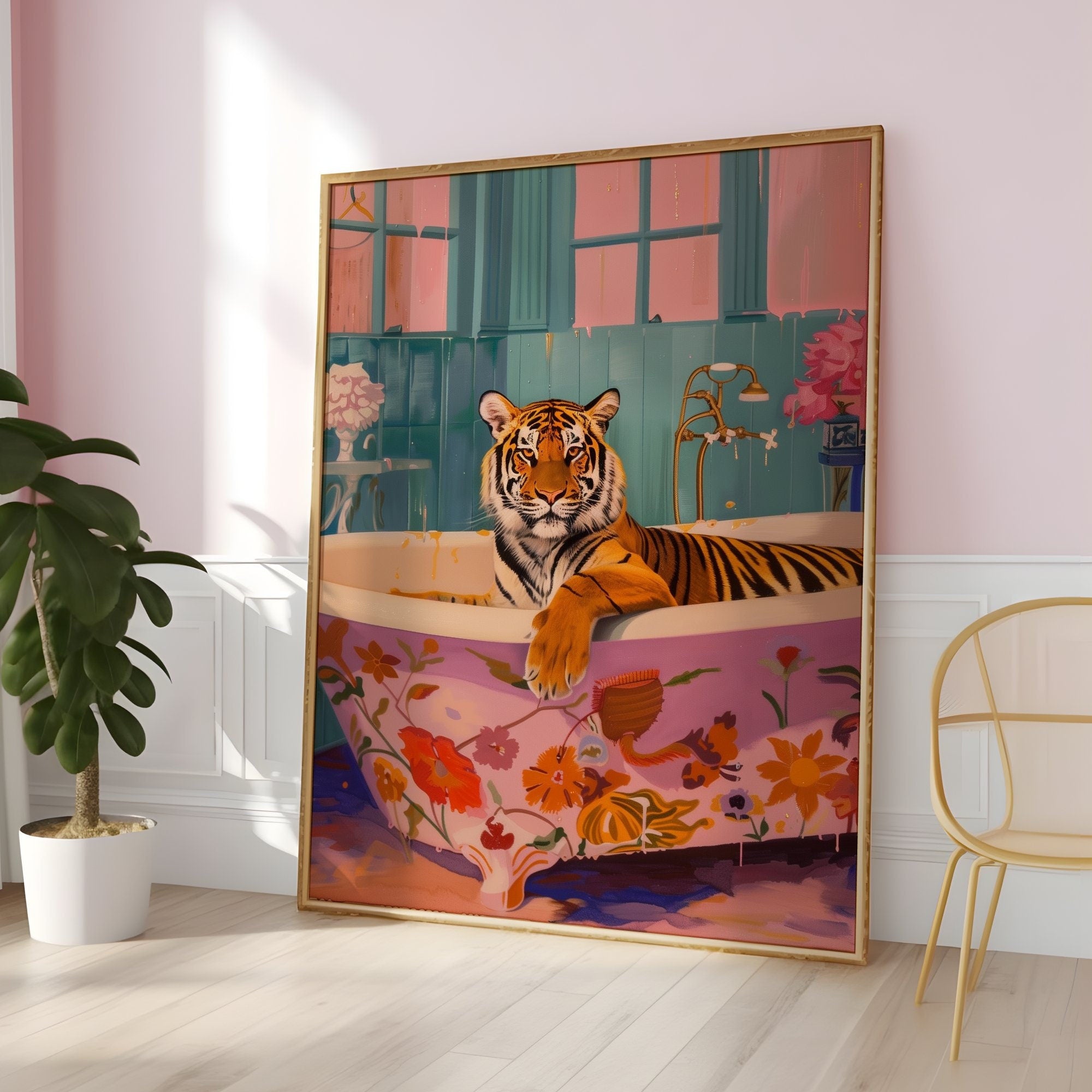 Preppy Tiger Art Maximalist Dopamine Tiger in Bath Interactive Wall Art