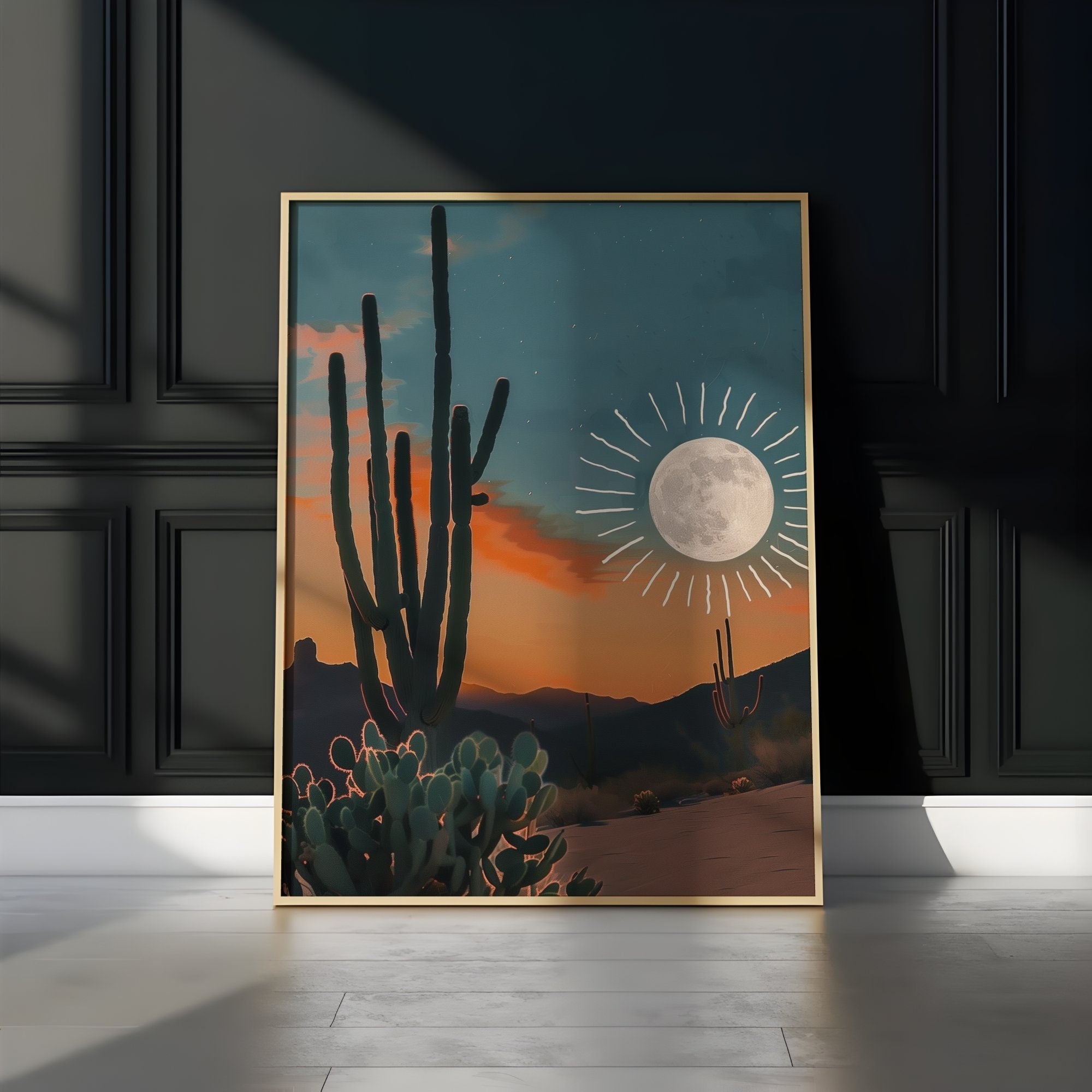 Desert Dream: Sun and Moon Cactus Art | Boho Southwest Joshua Tree Landscape