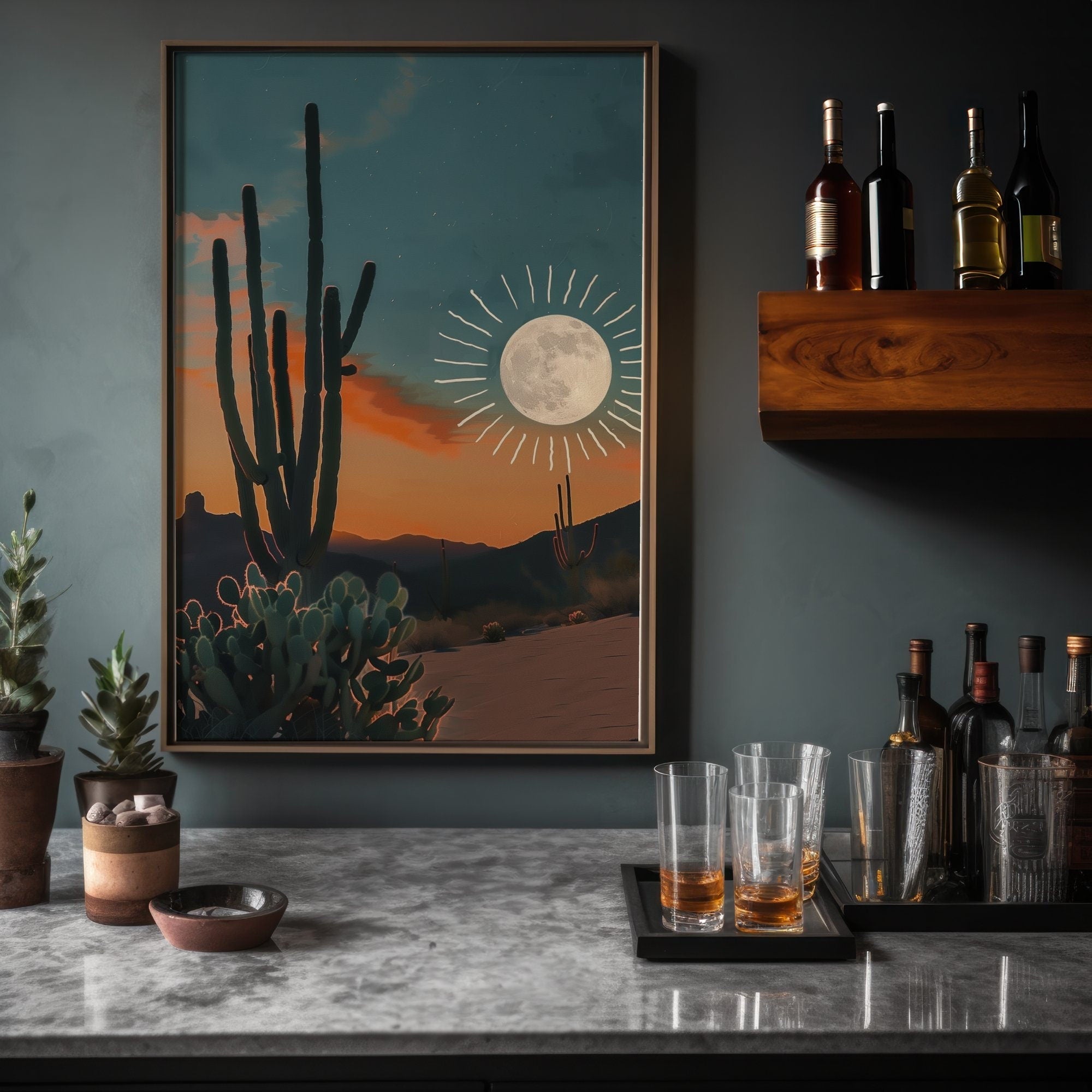 Desert Dream: Sun and Moon Cactus Art | Boho Southwest Joshua Tree Landscape