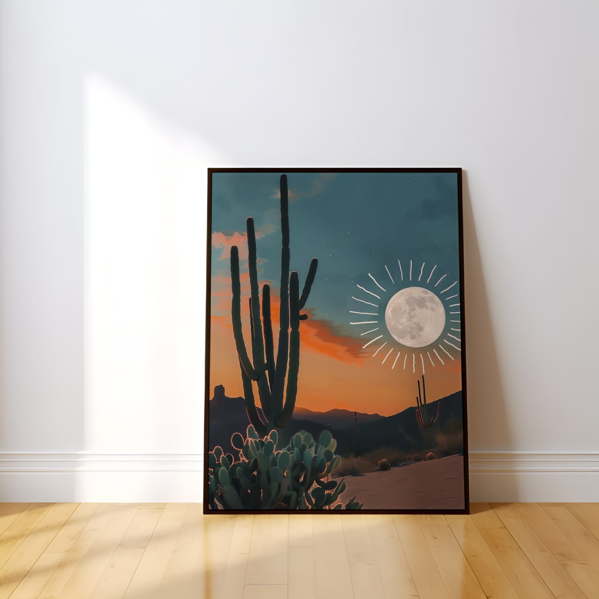 Desert Dream: Sun and Moon Cactus Art | Boho Southwest Joshua Tree Landscape
