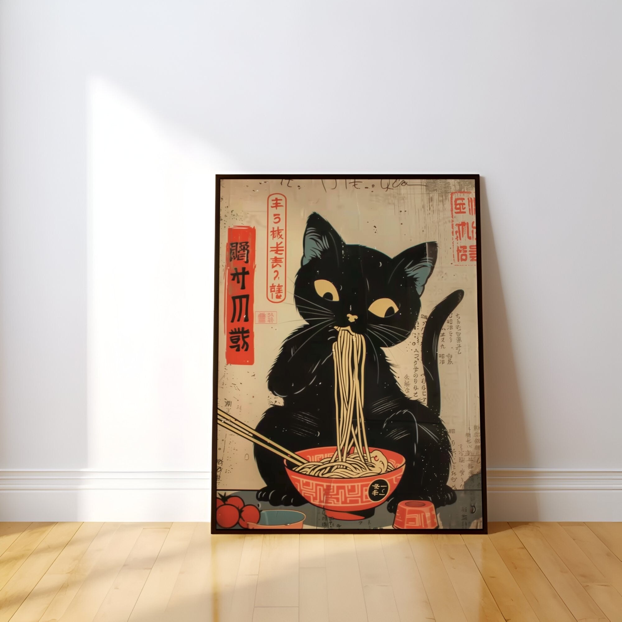 The Noodle Master: Whimsical Black Cat & Ramen Art | Japanese Edo Period, Modern Farmhouse Decor
