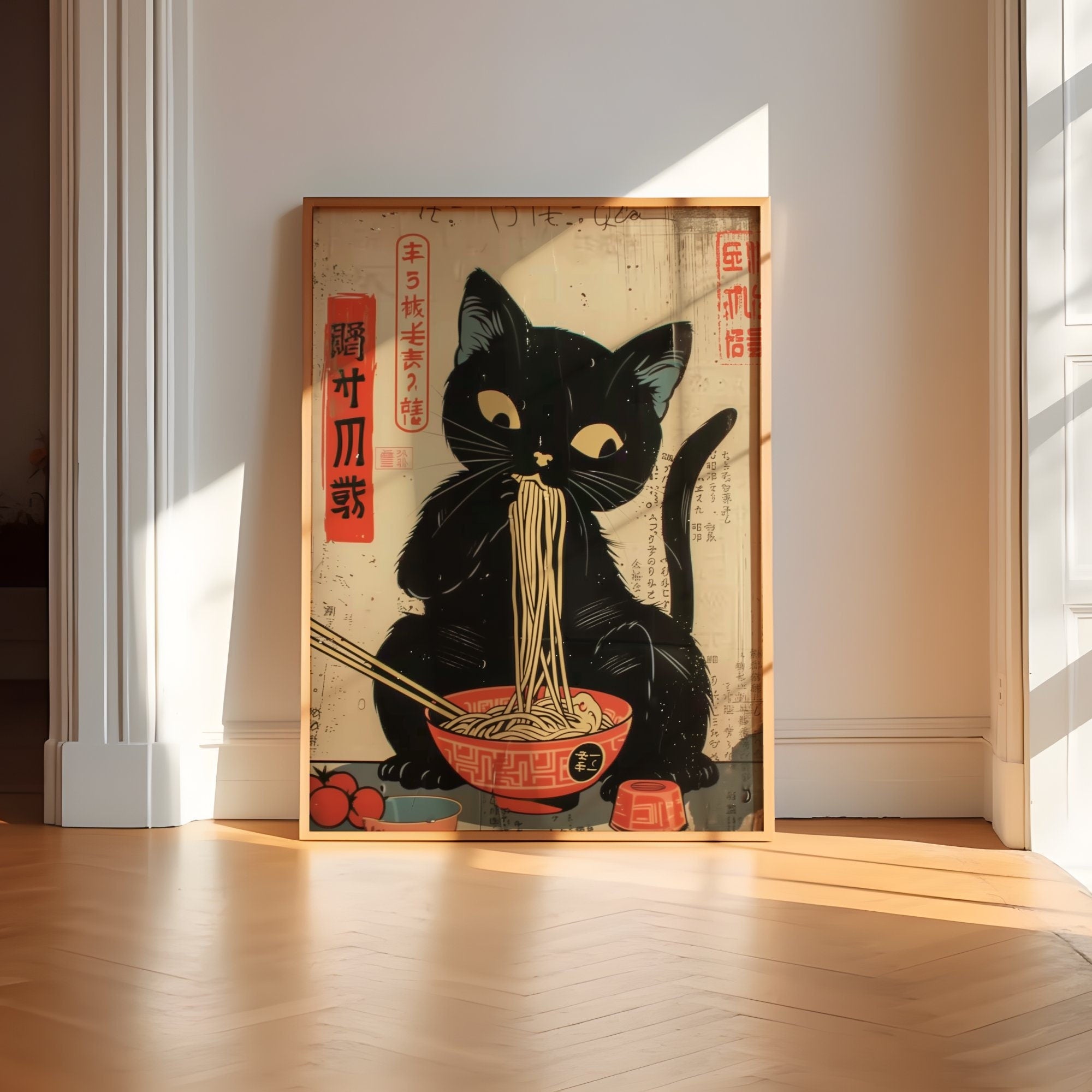 The Noodle Master: Whimsical Black Cat & Ramen Art | Japanese Edo Period, Modern Farmhouse Decor