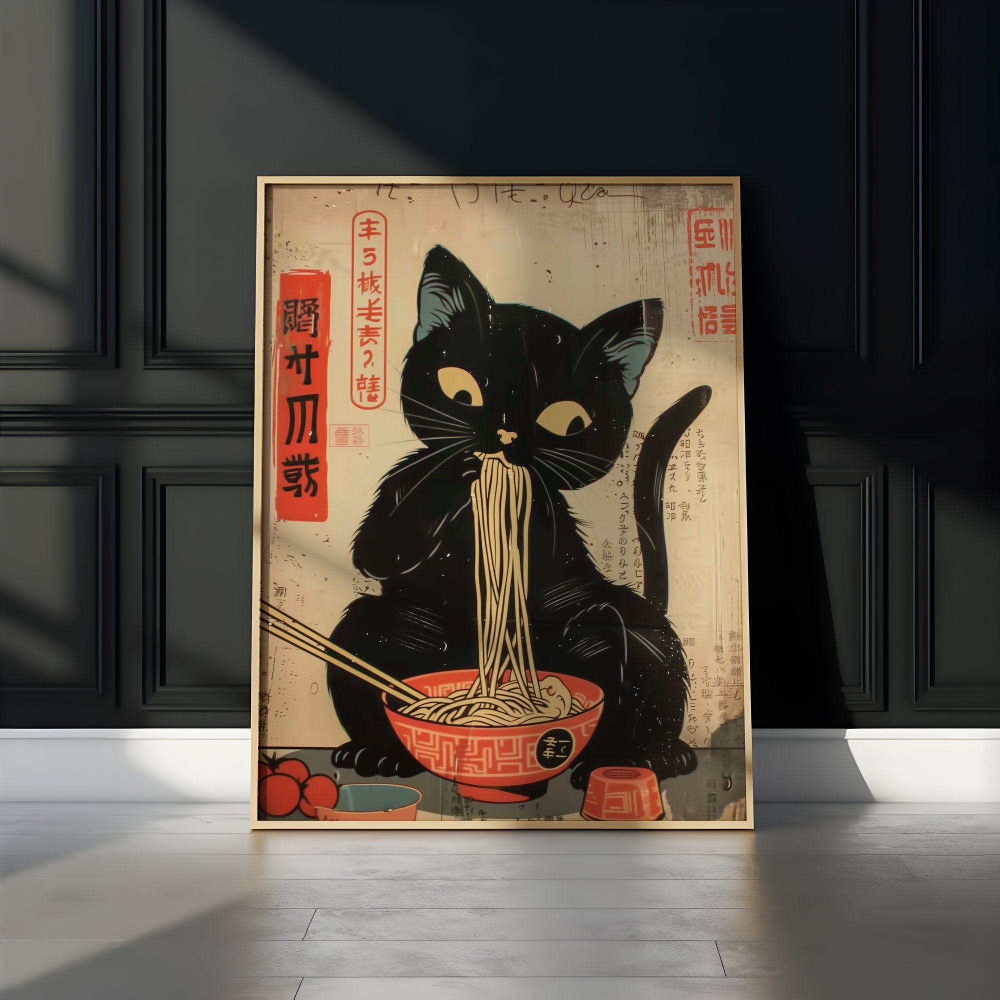 The Noodle Master: Whimsical Black Cat & Ramen Art | Japanese Edo Period, Modern Farmhouse Decor