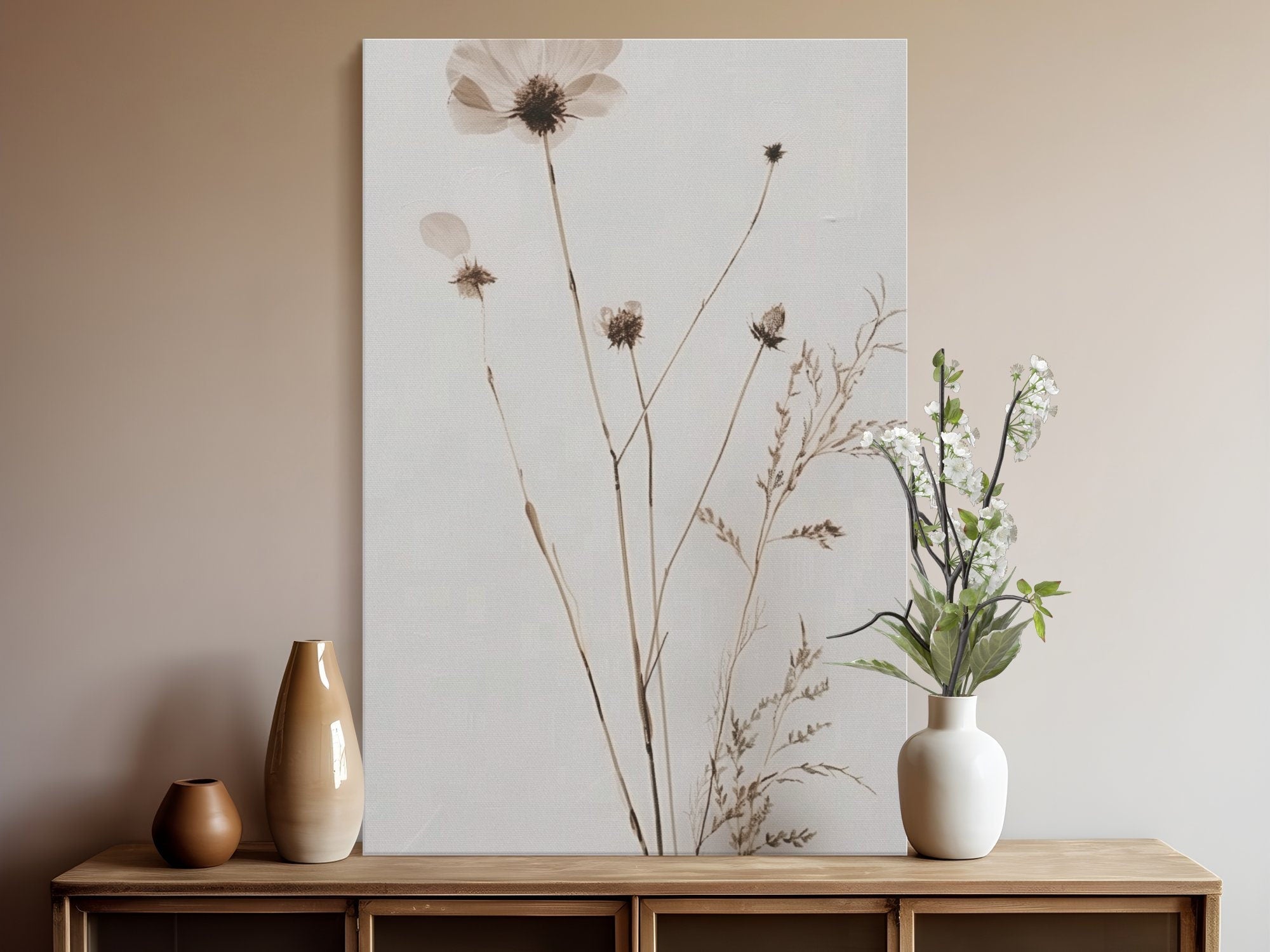 Floral Botanical Minimalist Wildflower Art in Neutral Tones Interactive Wall Art