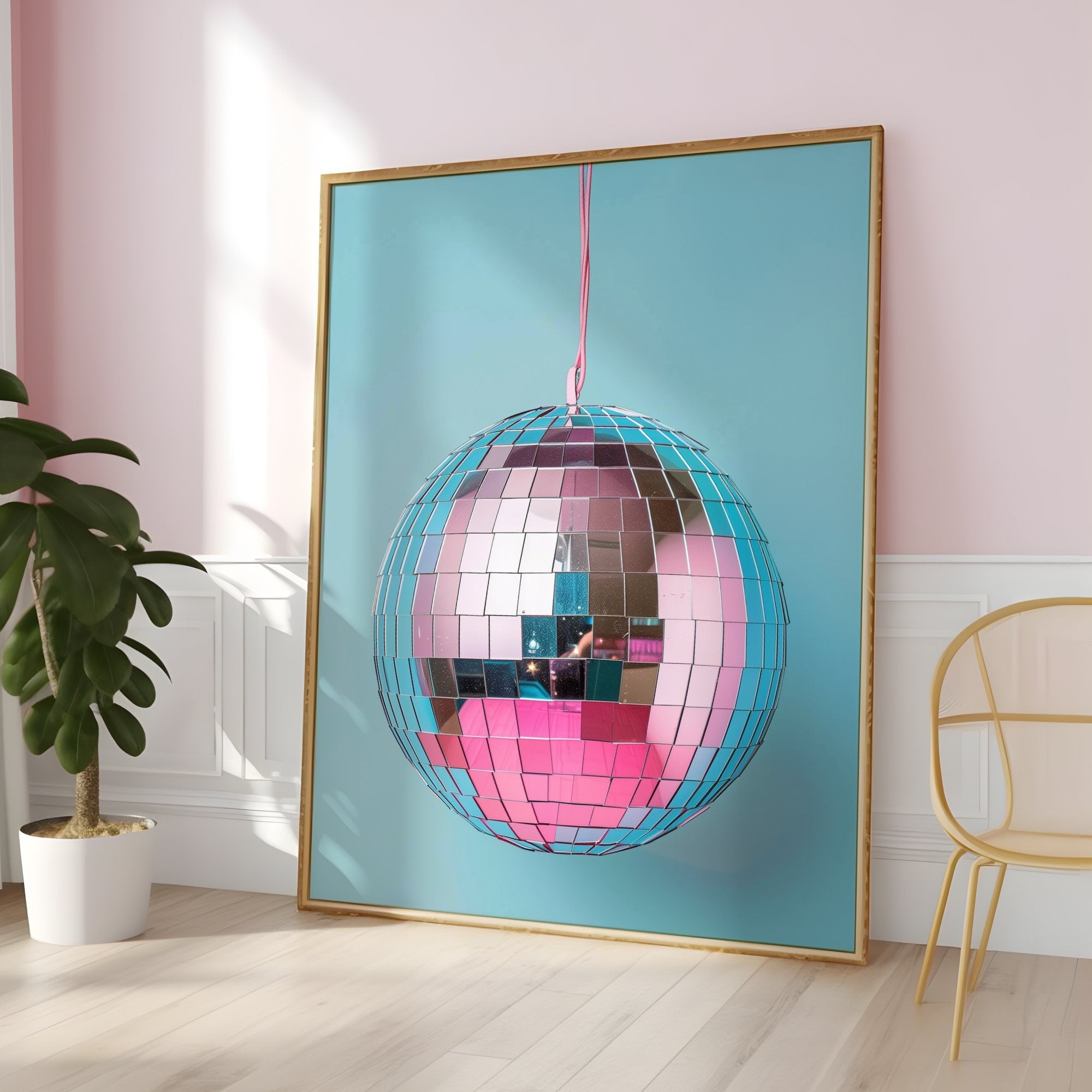 Disco Ball Art Retro Preppy Aesthetic in Trendy Pink Pastel Colors Interactive Wall Art