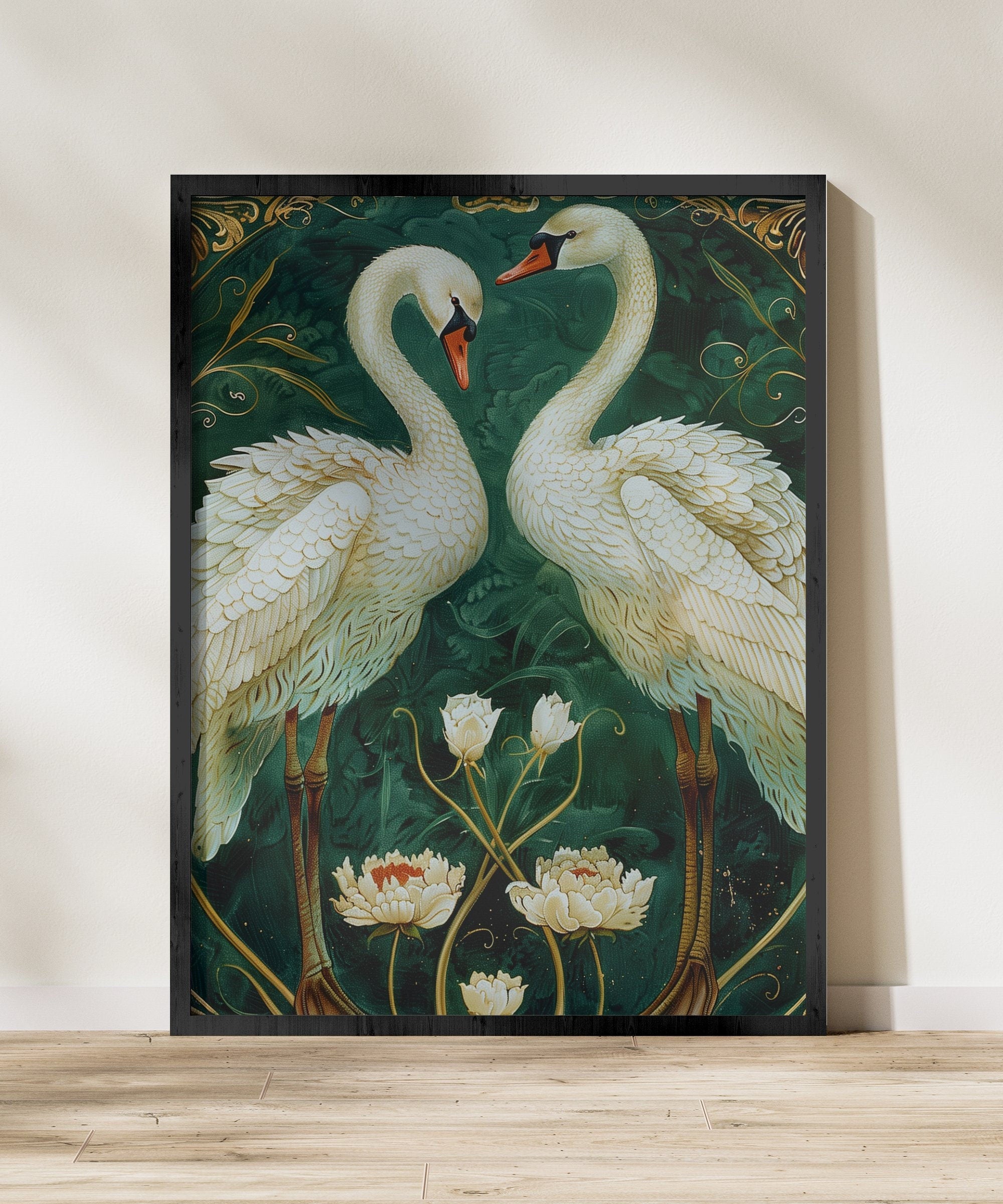 Vintage White Swans Emerald Green Interactive Wall Art