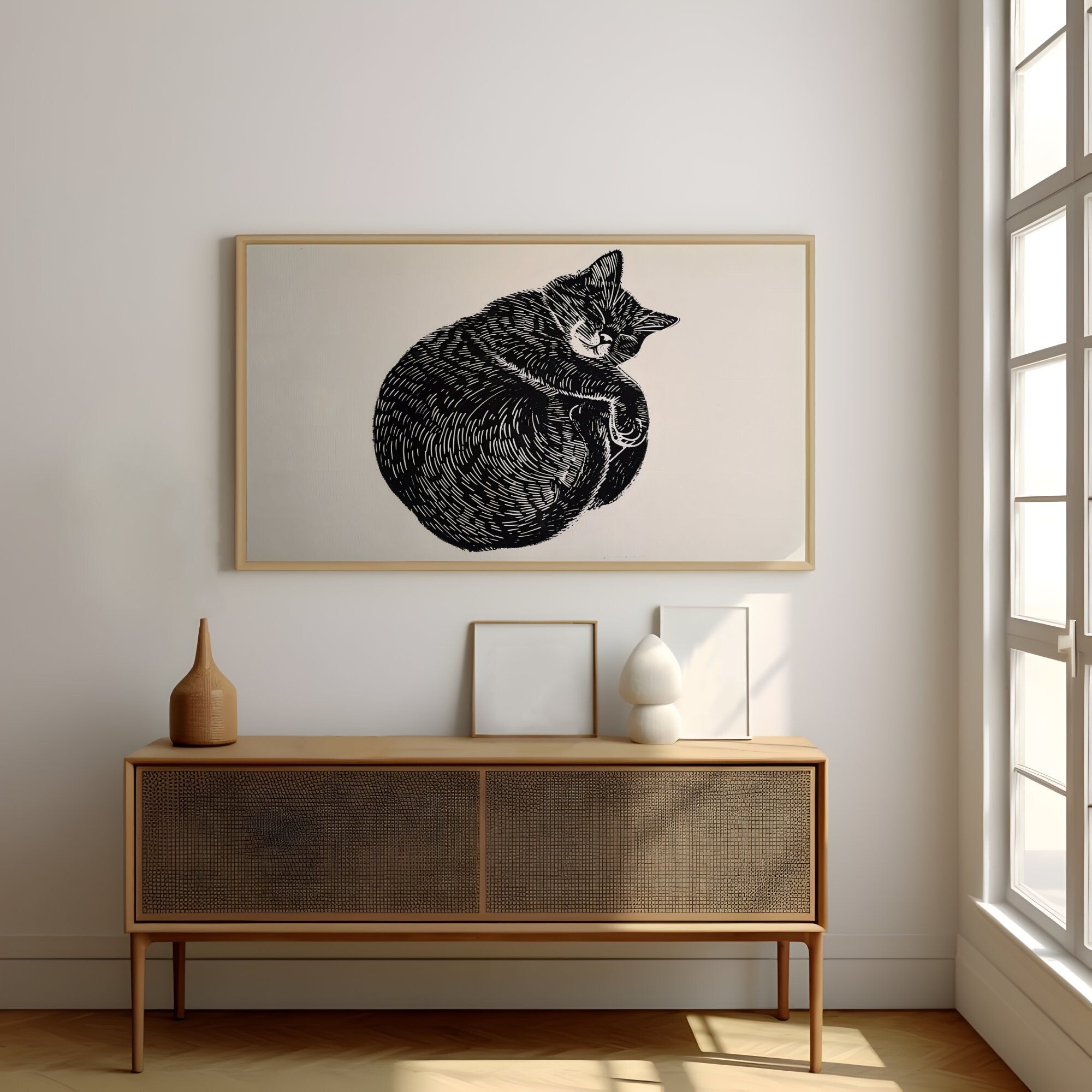 Whimsical Cat Nap Original Linocut Interactive Wall Art