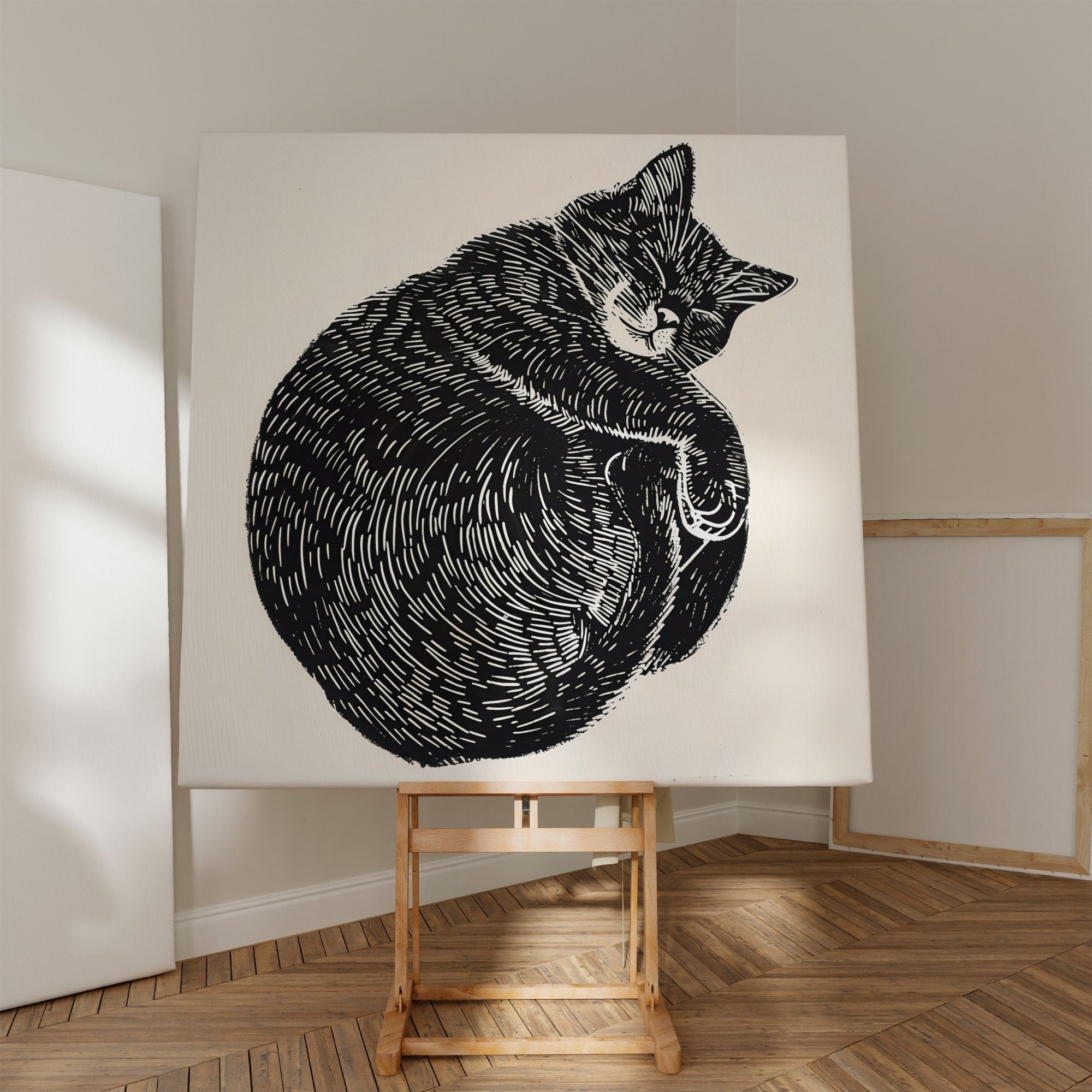 Whimsical Cat Nap Original Linocut Interactive Wall Art