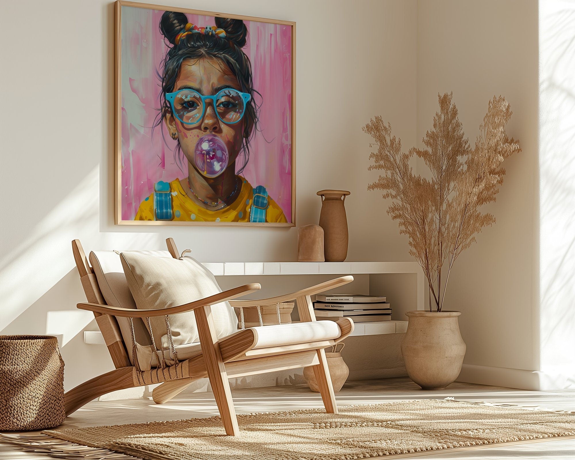 Latina Girl with Glasses Blowing Bubble Gum Interactive Wall Art