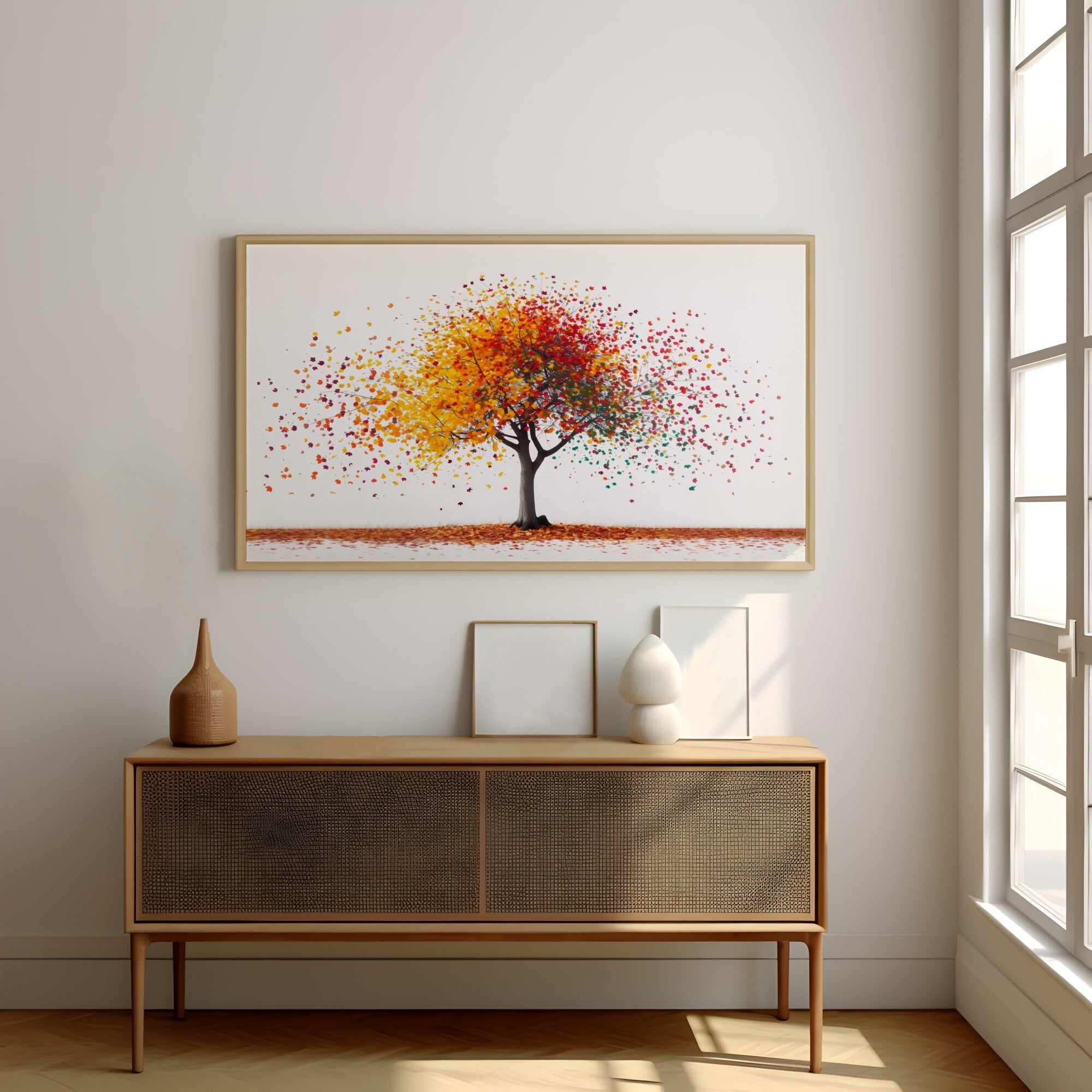 Vibrant Tree Art Colorful Leaves on White Background Interactive Wall Art