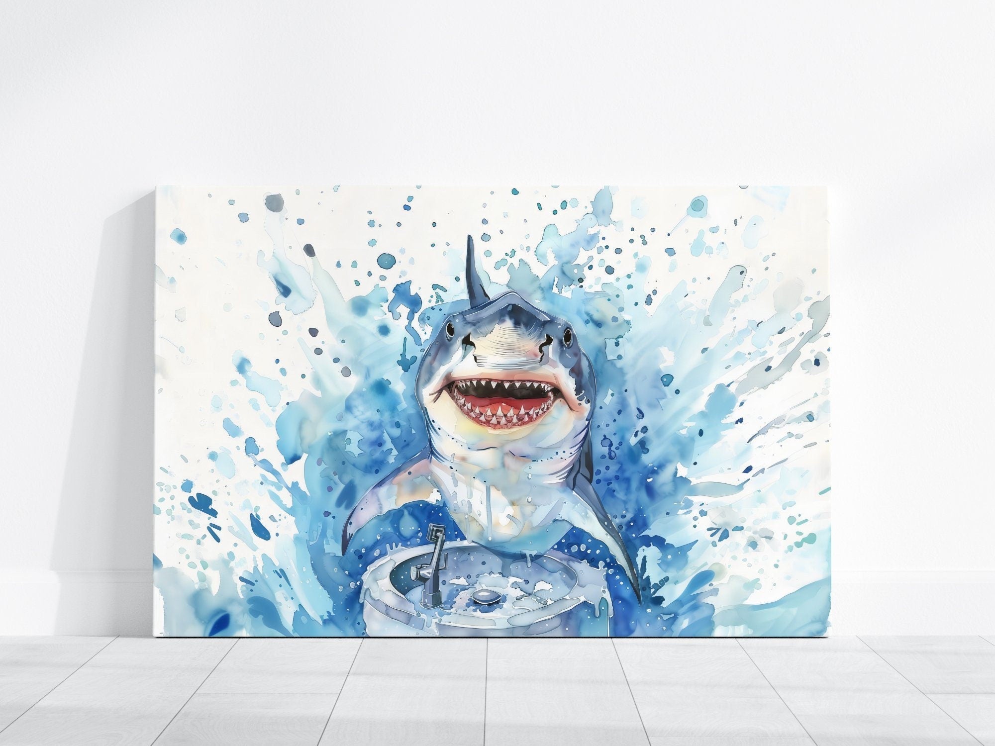 The Gentle Shark: Whimsical Shark Washing Hands Watercolor | Funny & Modern Nautical Bathroom Decor