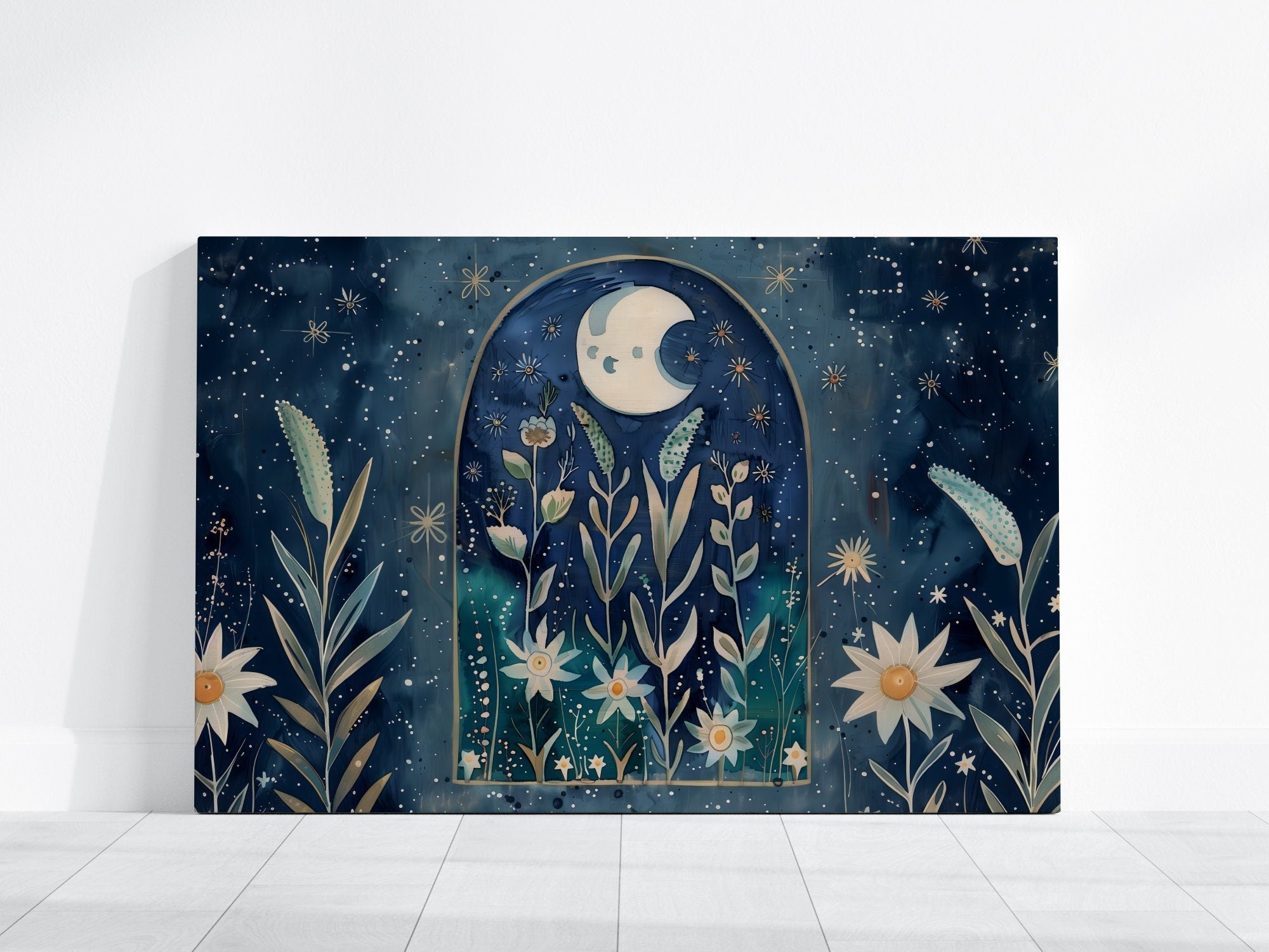 The Celestial Garden: Moon Phase & Floral Star Art | Boho, Spiritual & Vintage Wall Decor