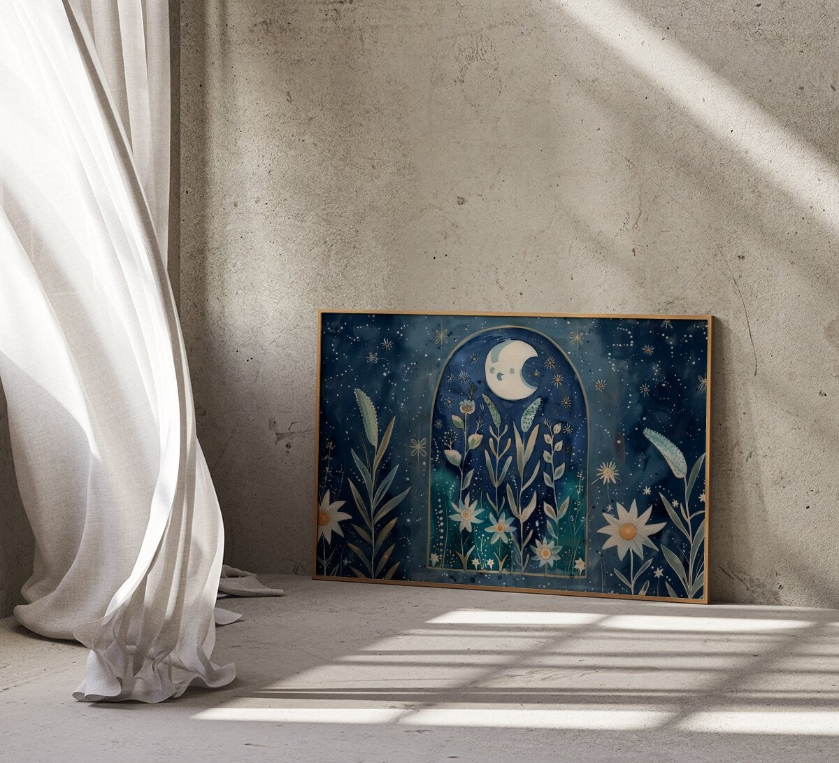 The Celestial Garden: Moon Phase & Floral Star Art | Boho, Spiritual & Vintage Wall Decor