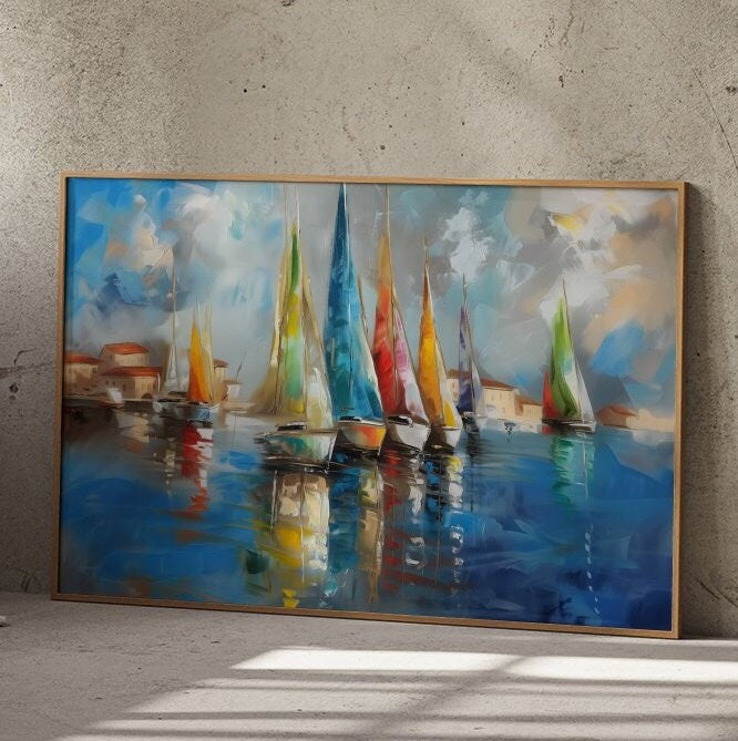 Colorful Sailboats in the Harbor Interactive Wall Art