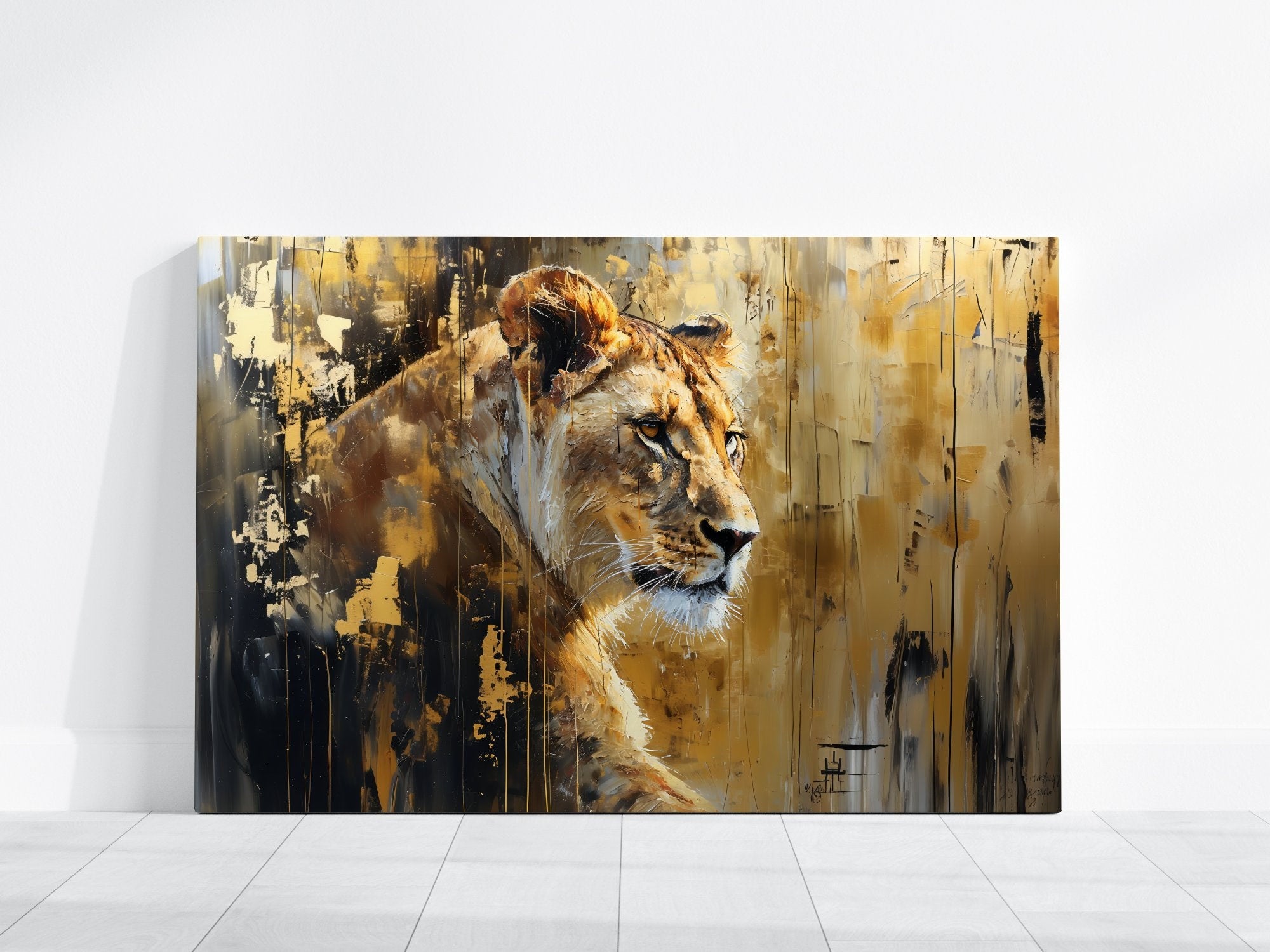 Temporal Impressionism Lioness Gold & White Abstract Interactive Wall Art