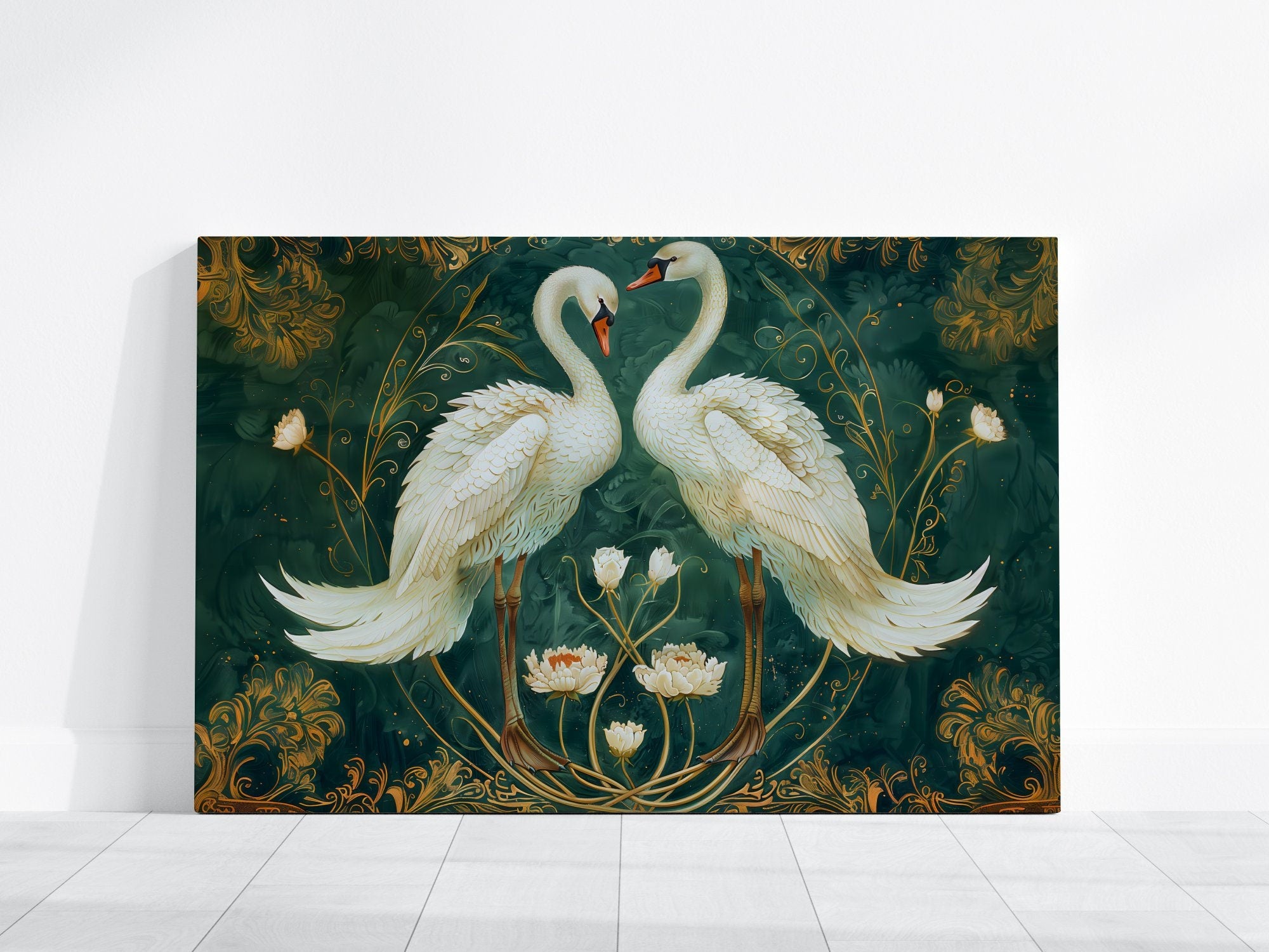 Vintage White Swans Emerald Green Interactive Wall Art