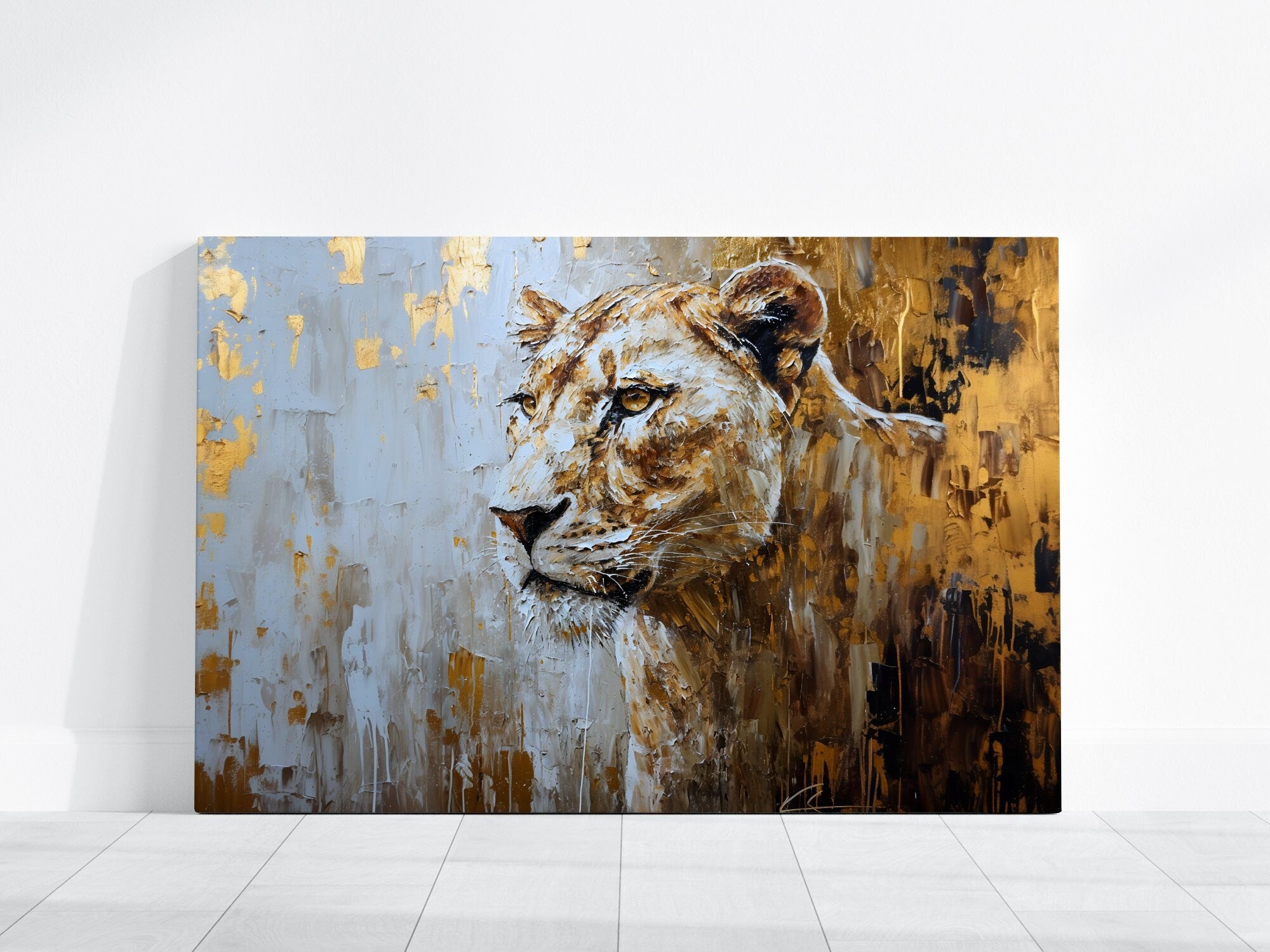 The Golden Queen: Majestic Lioness Abstract | Modern Farmhouse & Temporal Impressionist Art
