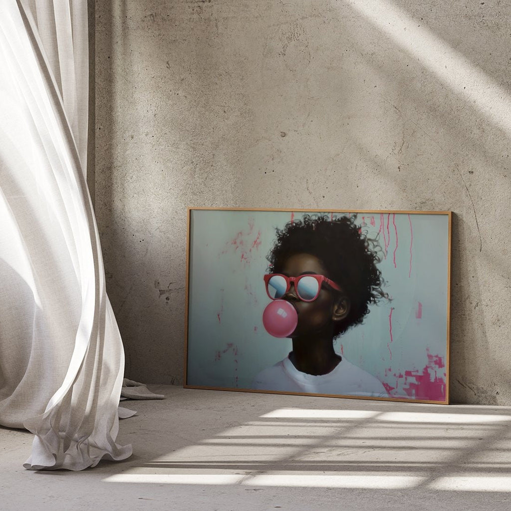 African American with Glasses Blowing Bubble Gum Modern Portrait Interactive Wall Art