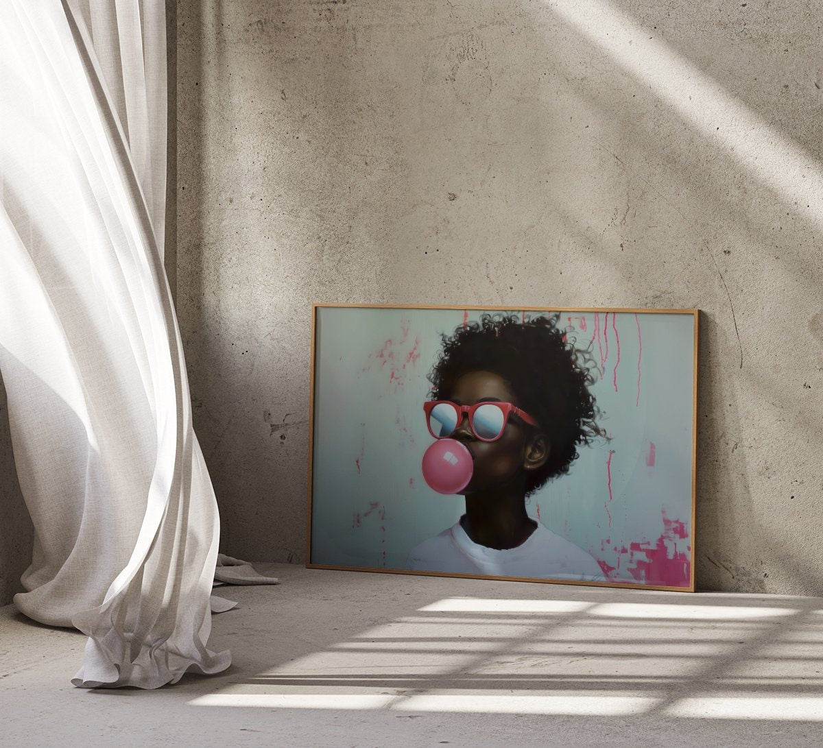 African American with Glasses Blowing Bubble Gum Modern Portrait Interactive Wall Art