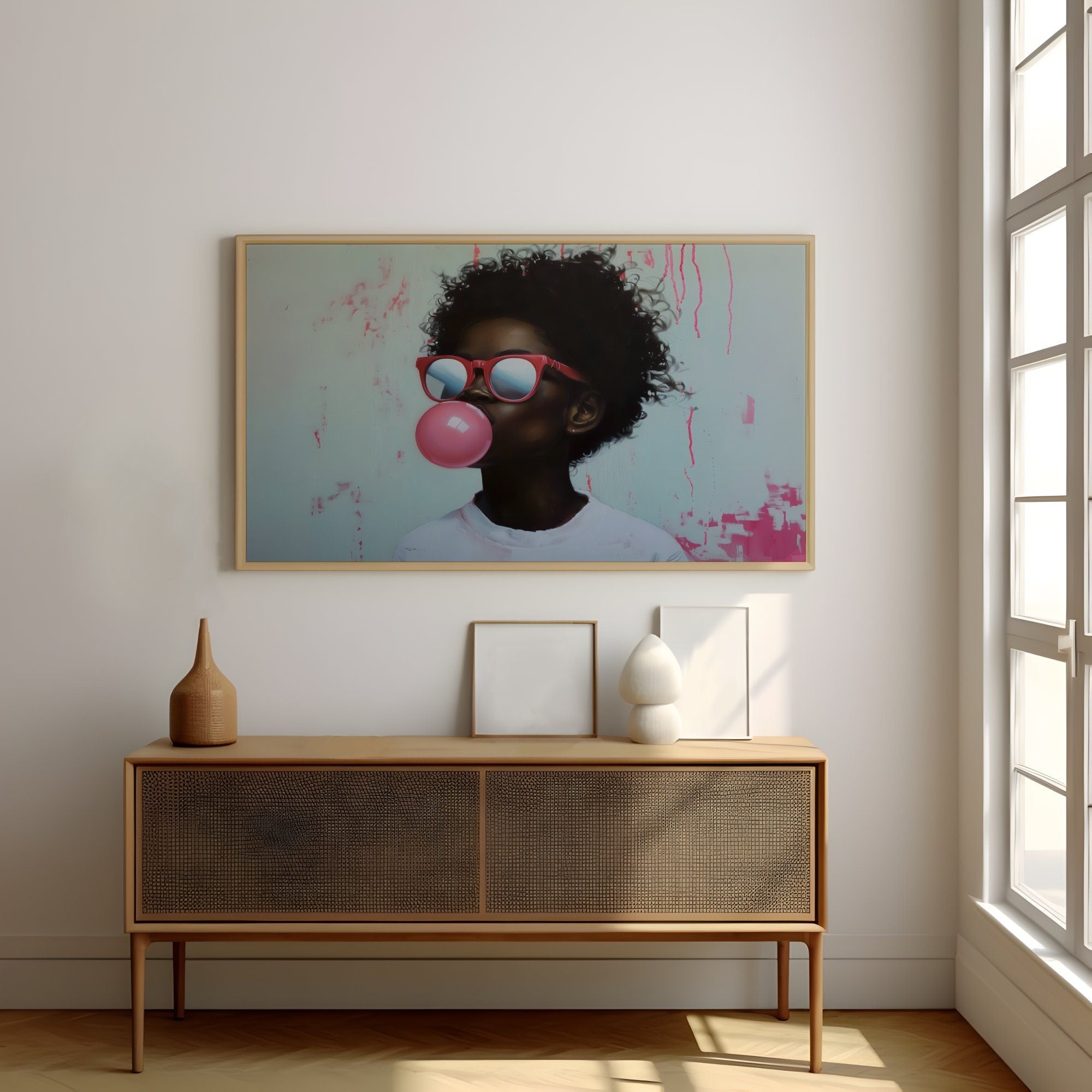 African American with Glasses Blowing Bubble Gum Modern Portrait Interactive Wall Art