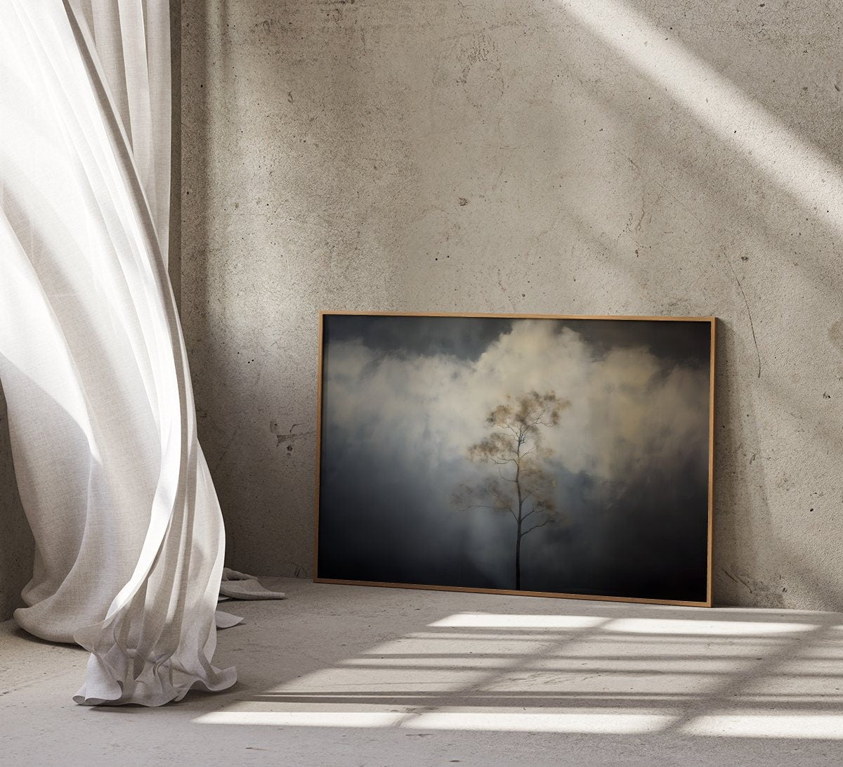 The Watcher: Vintage Moody Tree & Cloud Art | Minimalist & Serene Wall Decor