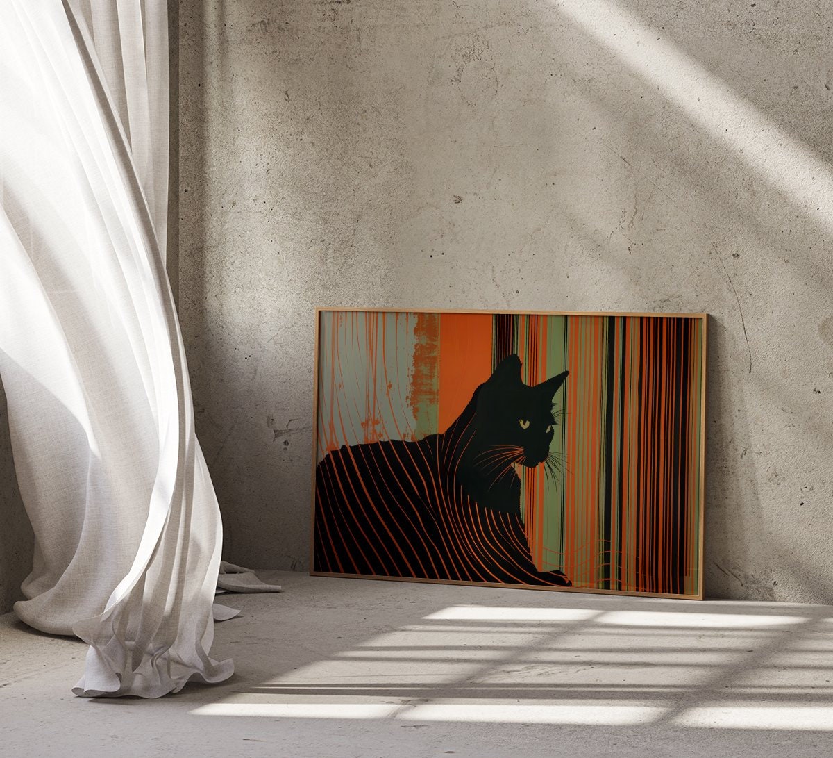 Contemplative Cat Black Shadow Interactive Wall Art