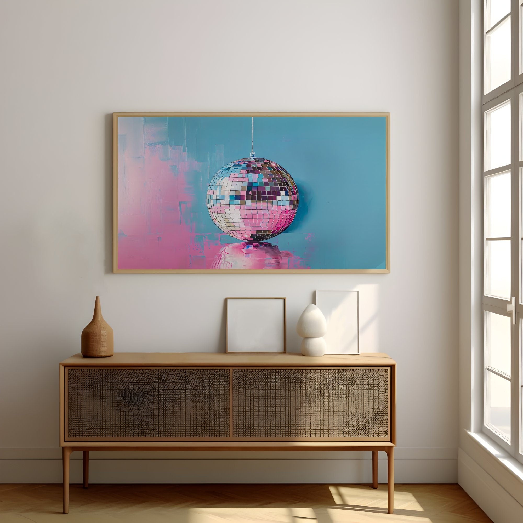 Disco Ball Art Retro Preppy Aesthetic in Trendy Pink Pastel Colors Interactive Wall Art