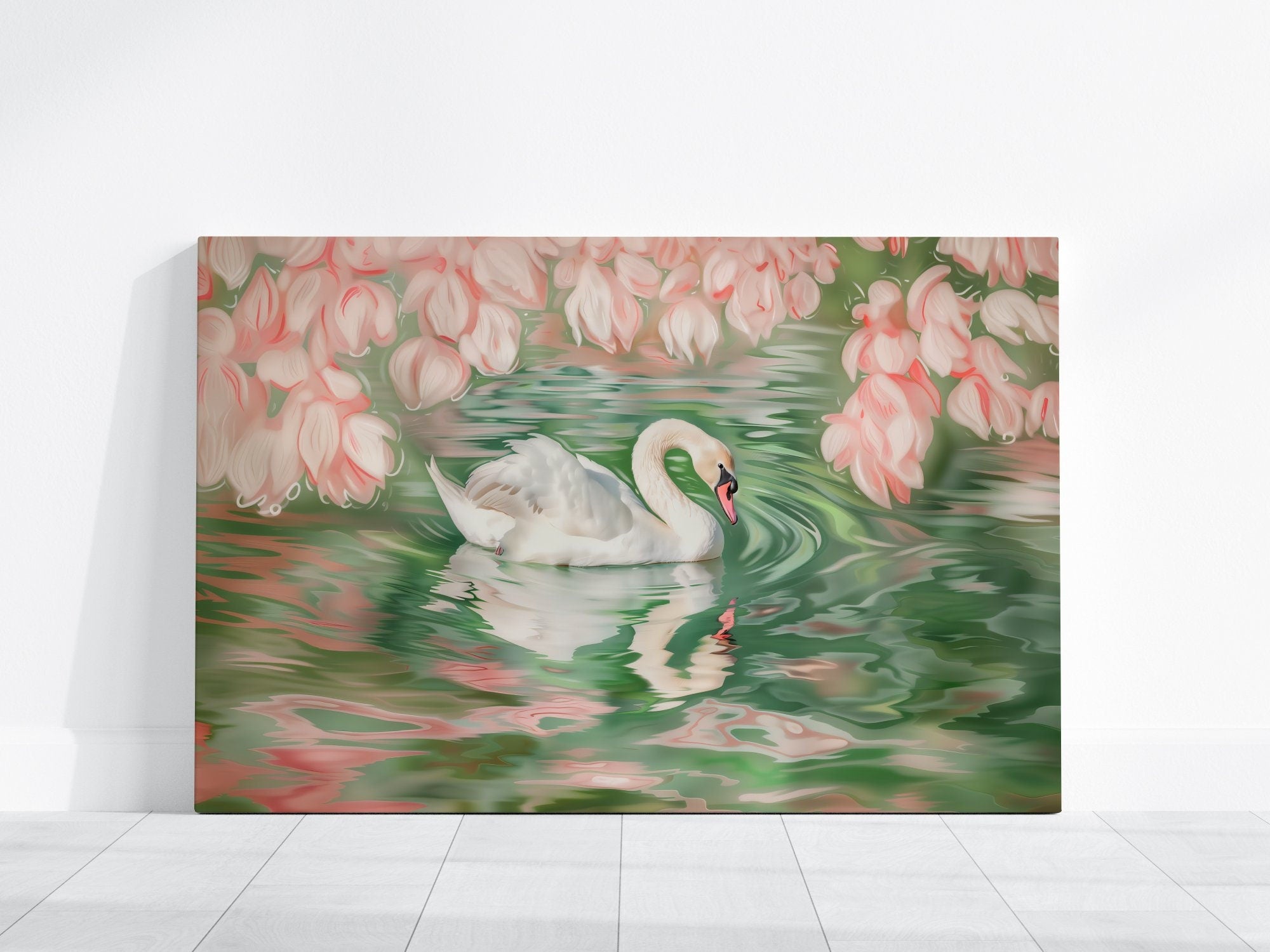 Swan in Water Art Soft Pink and Green Swan Illustration Interactive Wall Art