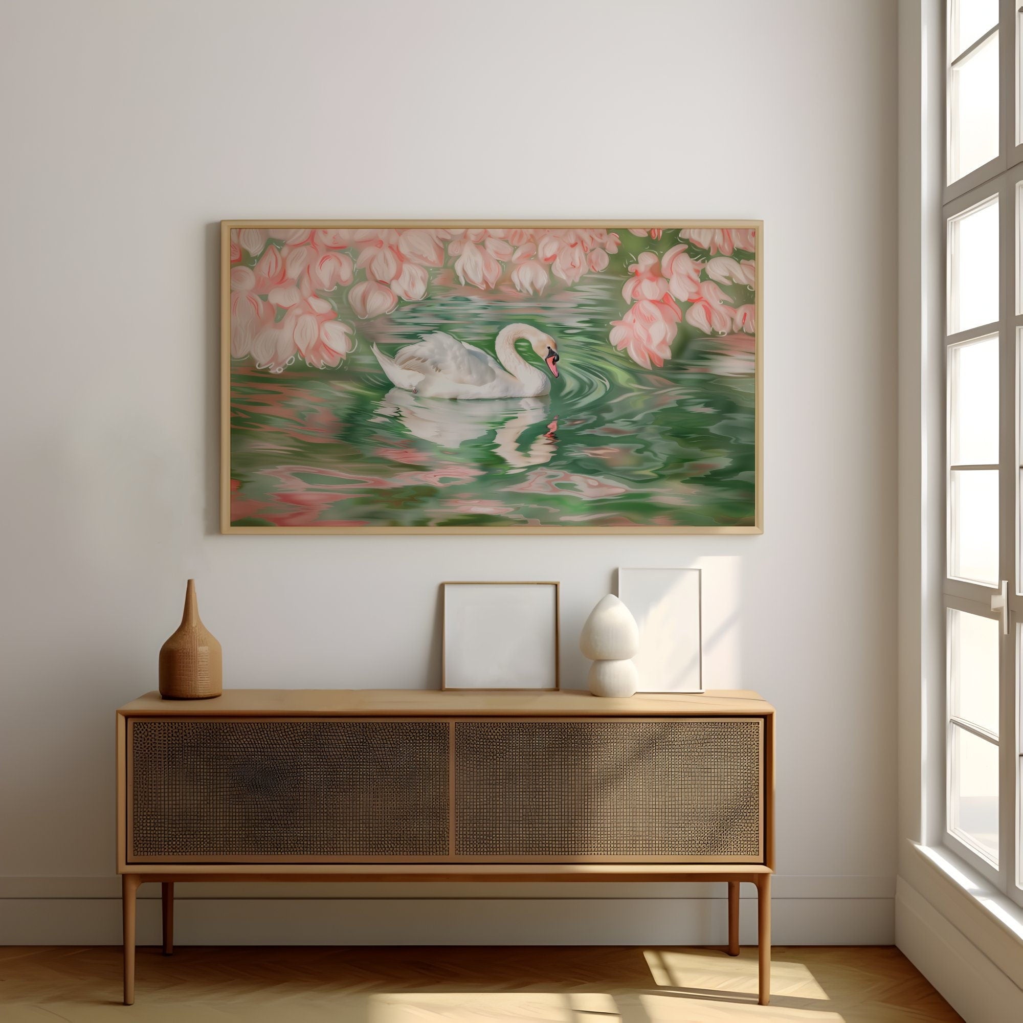 Swan in Water Art Soft Pink and Green Swan Illustration Interactive Wall Art