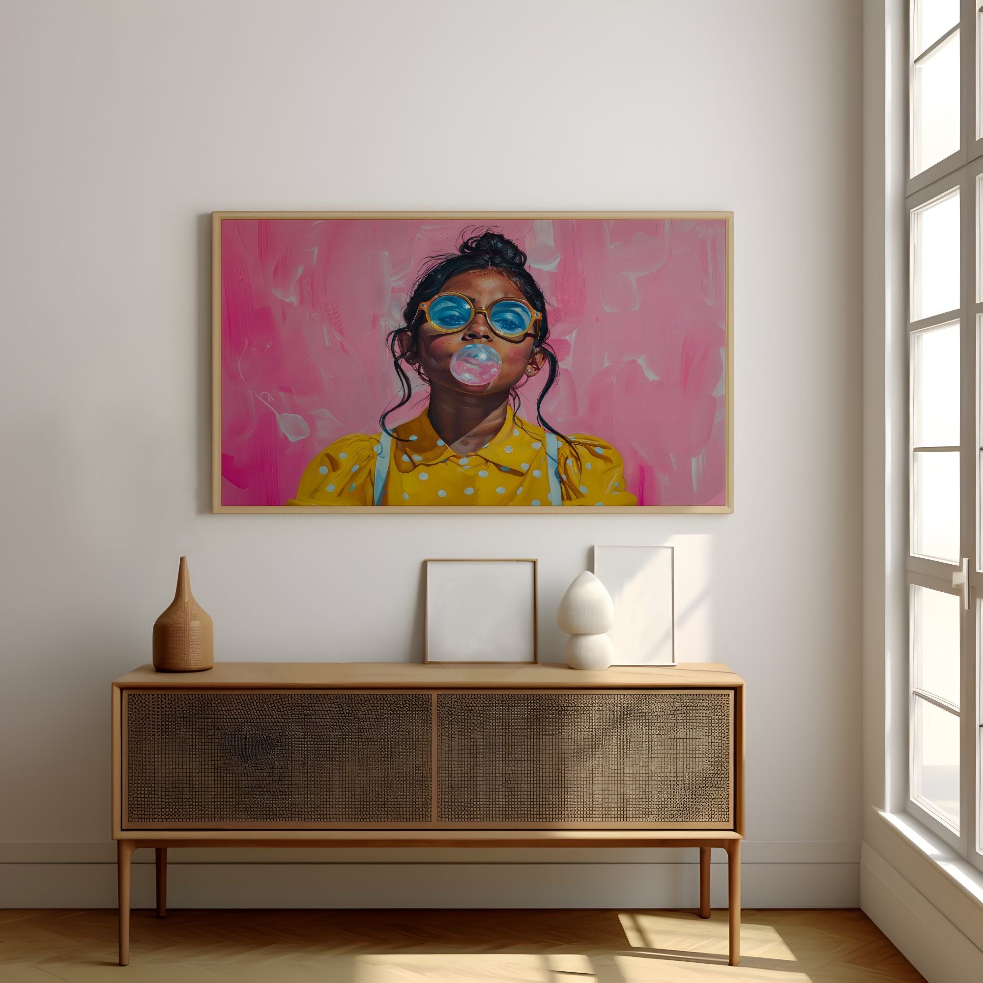 Latina Girl with Glasses Blowing Bubble Gum Vibrant Interactive Wall Art