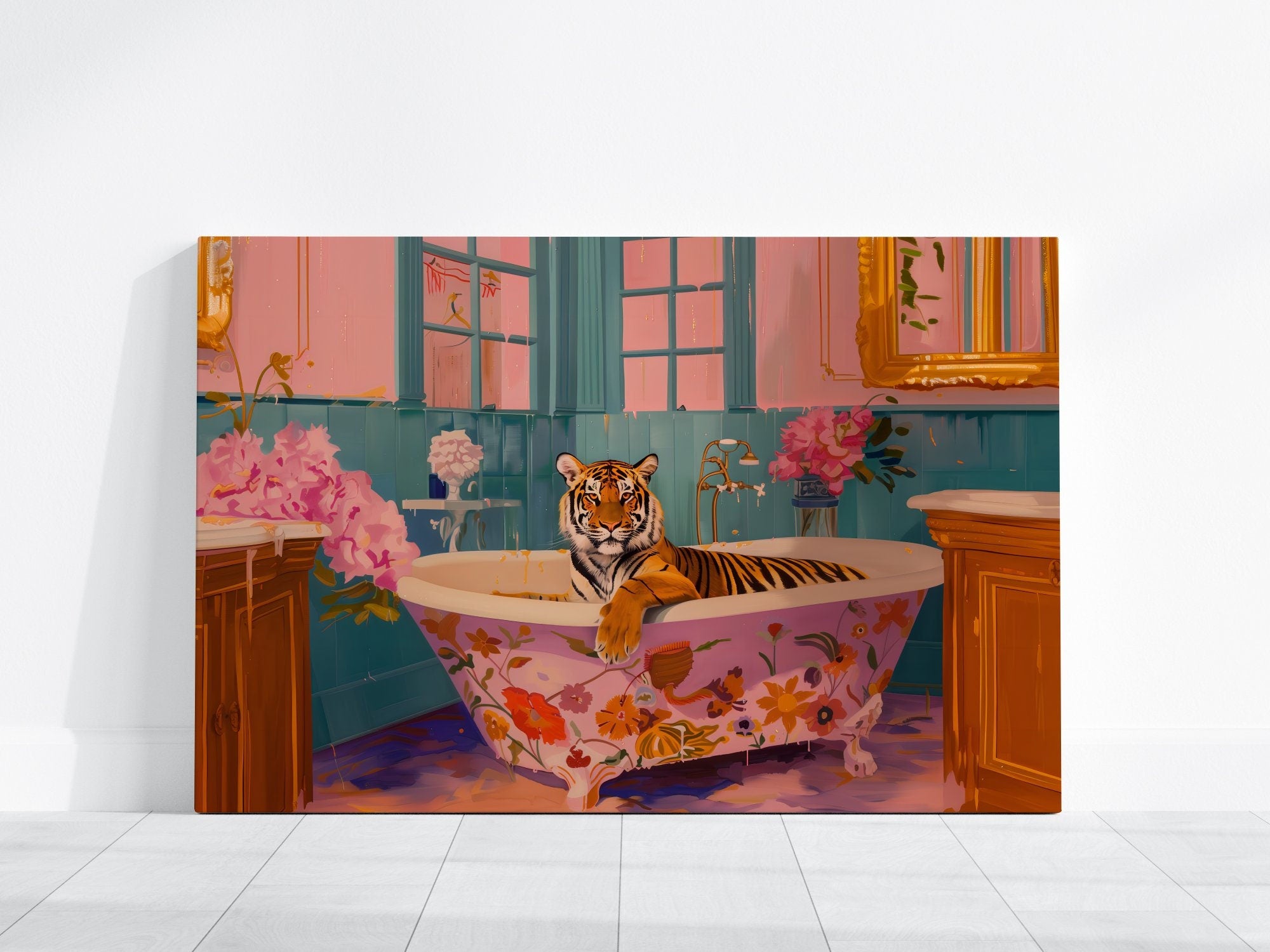 Preppy Tiger Art Maximalist Dopamine Tiger in Bath Interactive Wall Art