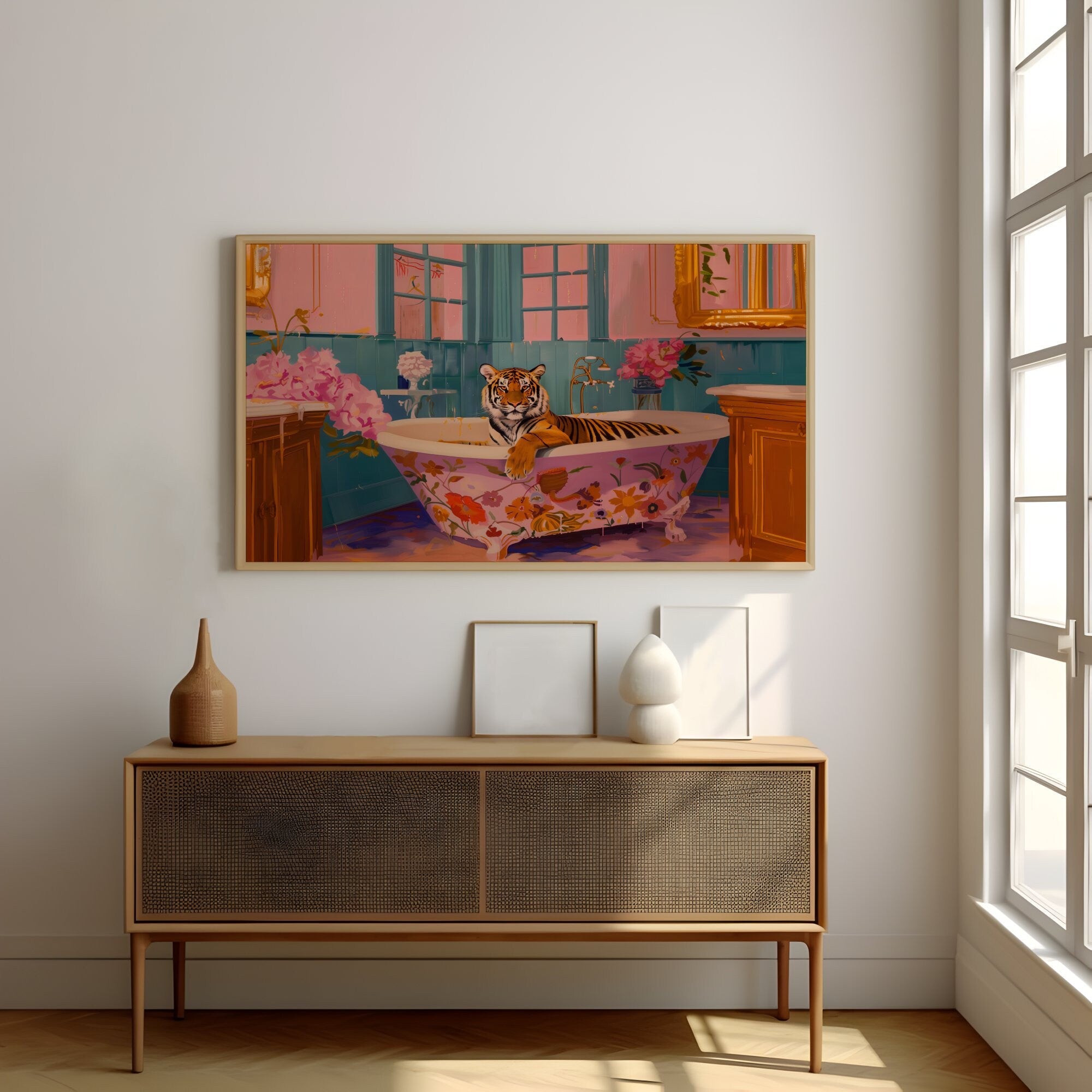 Preppy Tiger Art Maximalist Dopamine Tiger in Bath Interactive Wall Art