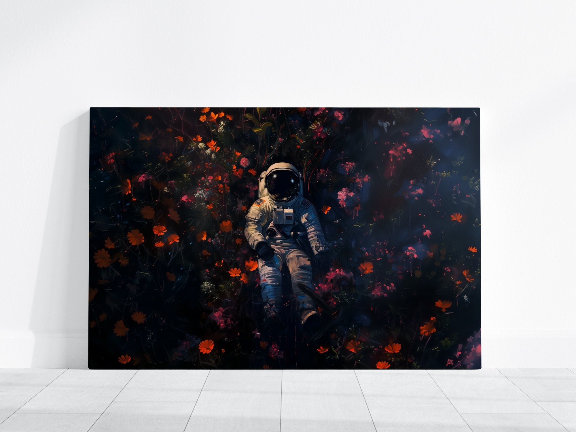 Astronaut with Floral Covering Dark Hue Interactive Wall Art