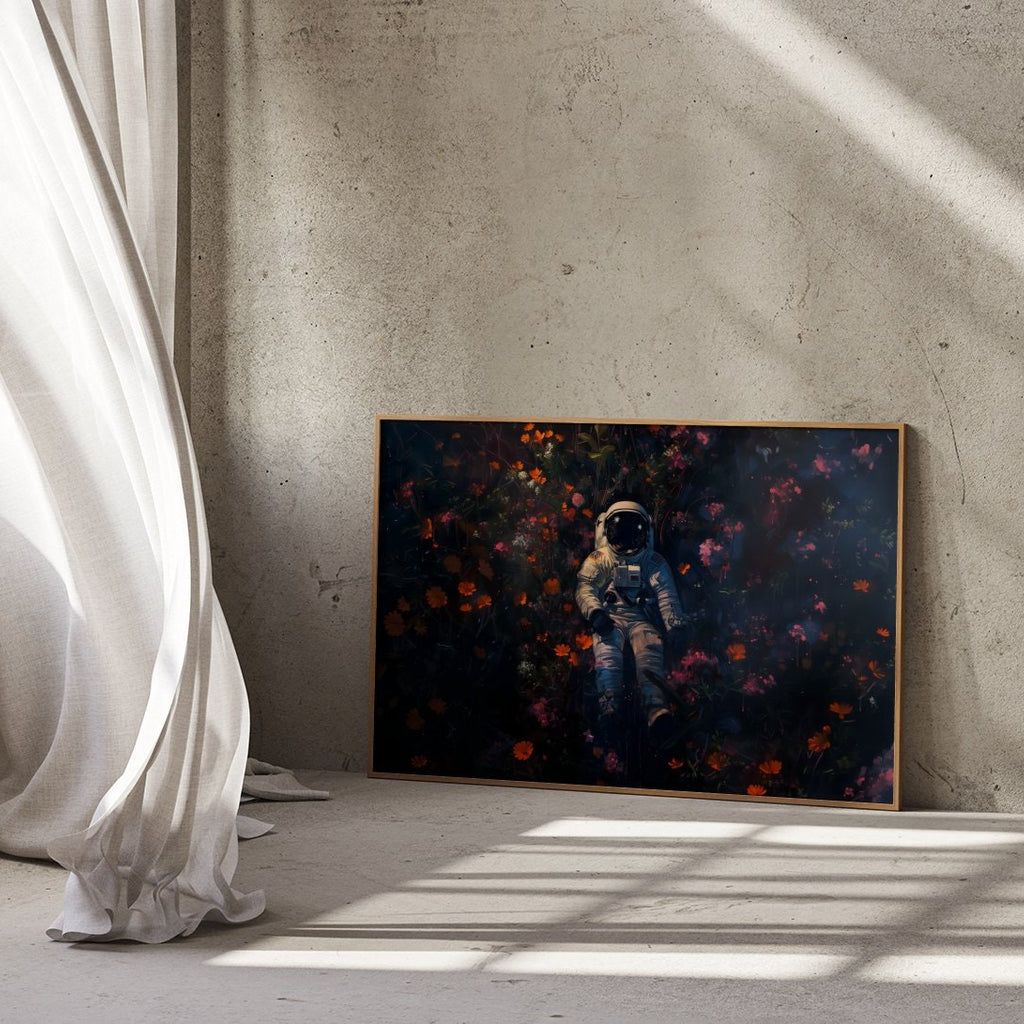 Astronaut with Floral Covering Dark Hue Interactive Wall Art