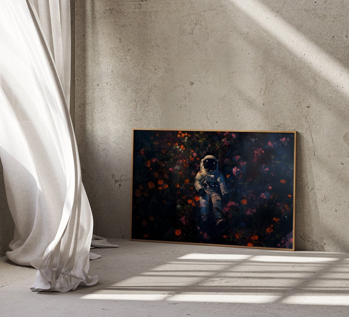 Astronaut with Floral Covering Dark Hue Interactive Wall Art