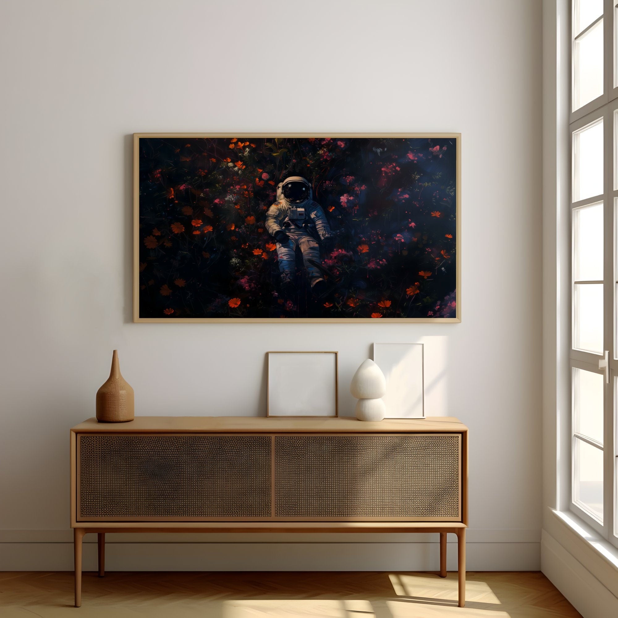 Astronaut with Floral Covering Dark Hue Interactive Wall Art