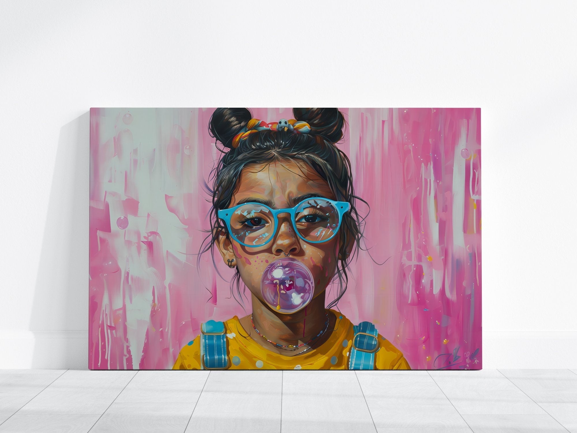 Latina Girl with Glasses Blowing Bubble Gum Interactive Wall Art