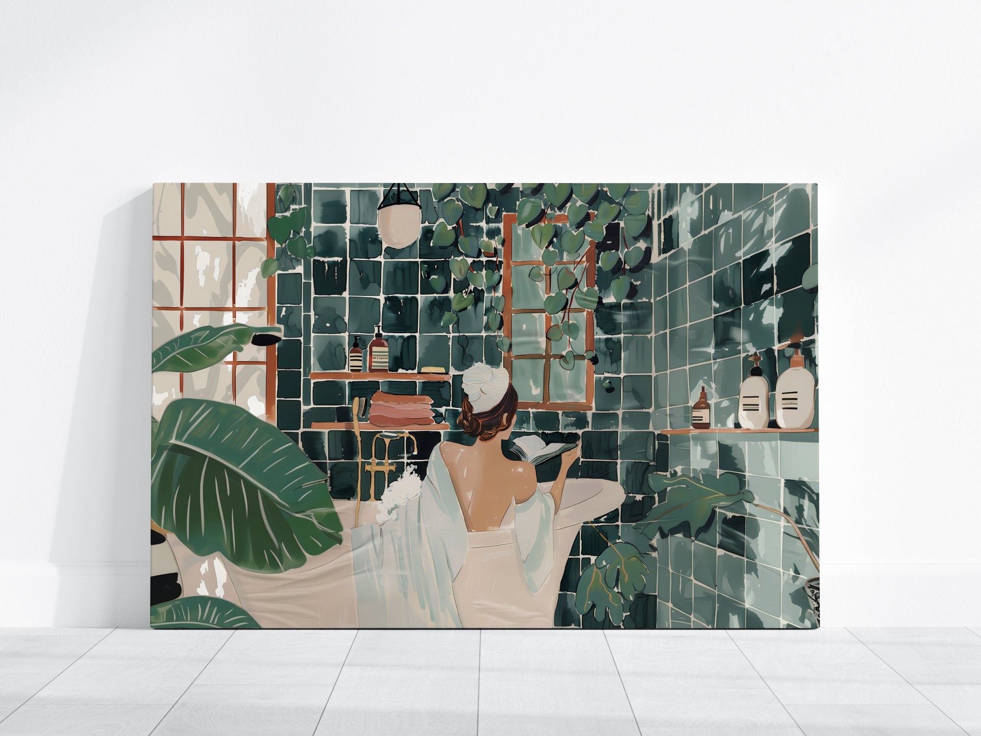 Contemporary Watercolor Woman in Bath with Ivy Green Interactive Wall Art