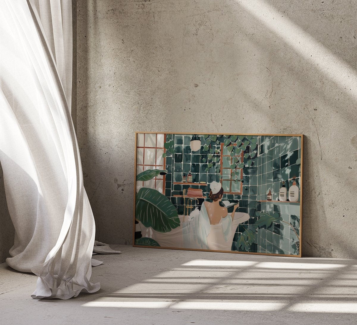 Contemporary Watercolor Woman in Bath with Ivy Green Interactive Wall Art