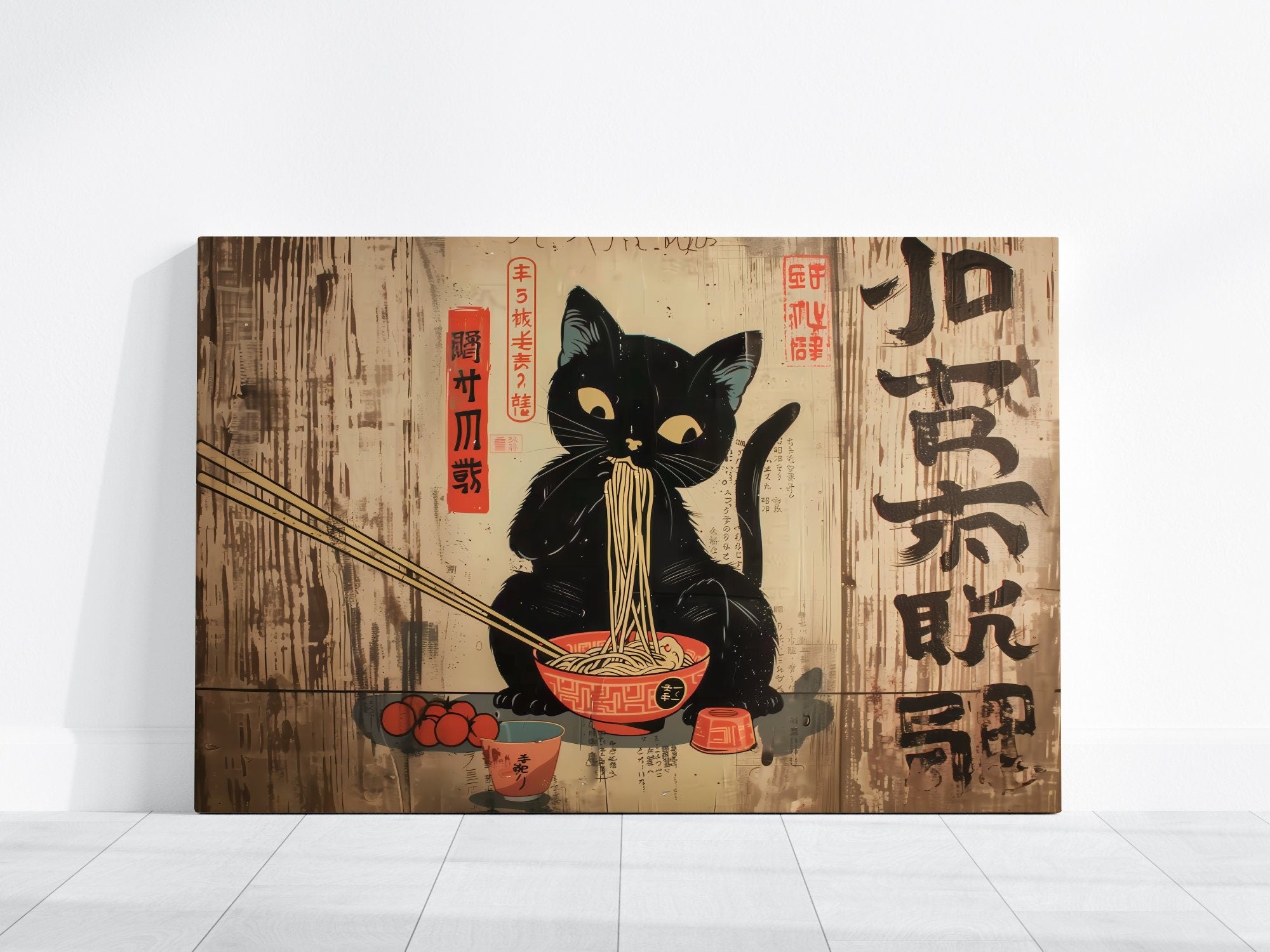 The Noodle Master: Whimsical Black Cat & Ramen Art | Japanese Edo Period, Modern Farmhouse Decor