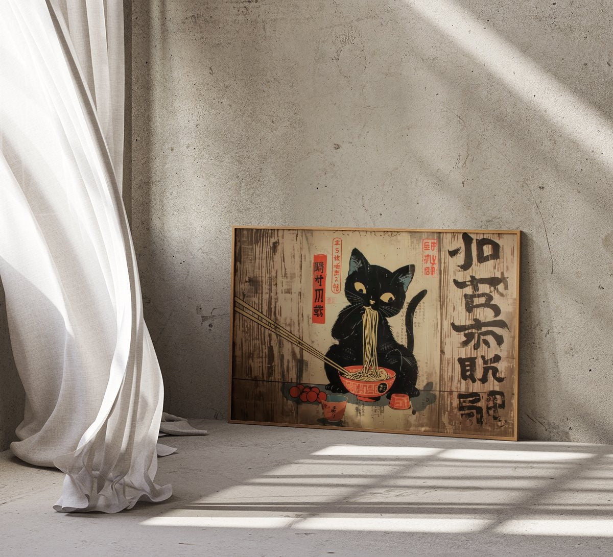 The Noodle Master: Whimsical Black Cat & Ramen Art | Japanese Edo Period, Modern Farmhouse Decor