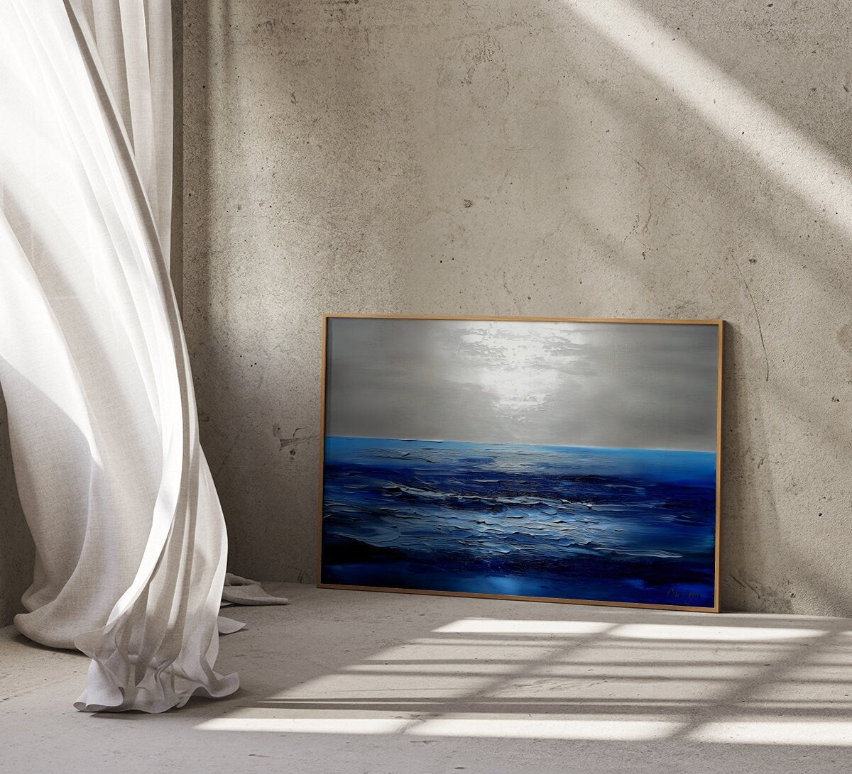 The Azure Horizon: Persian Blue & Silver Abstract Seascape | Serene & Modern Oceanic Art