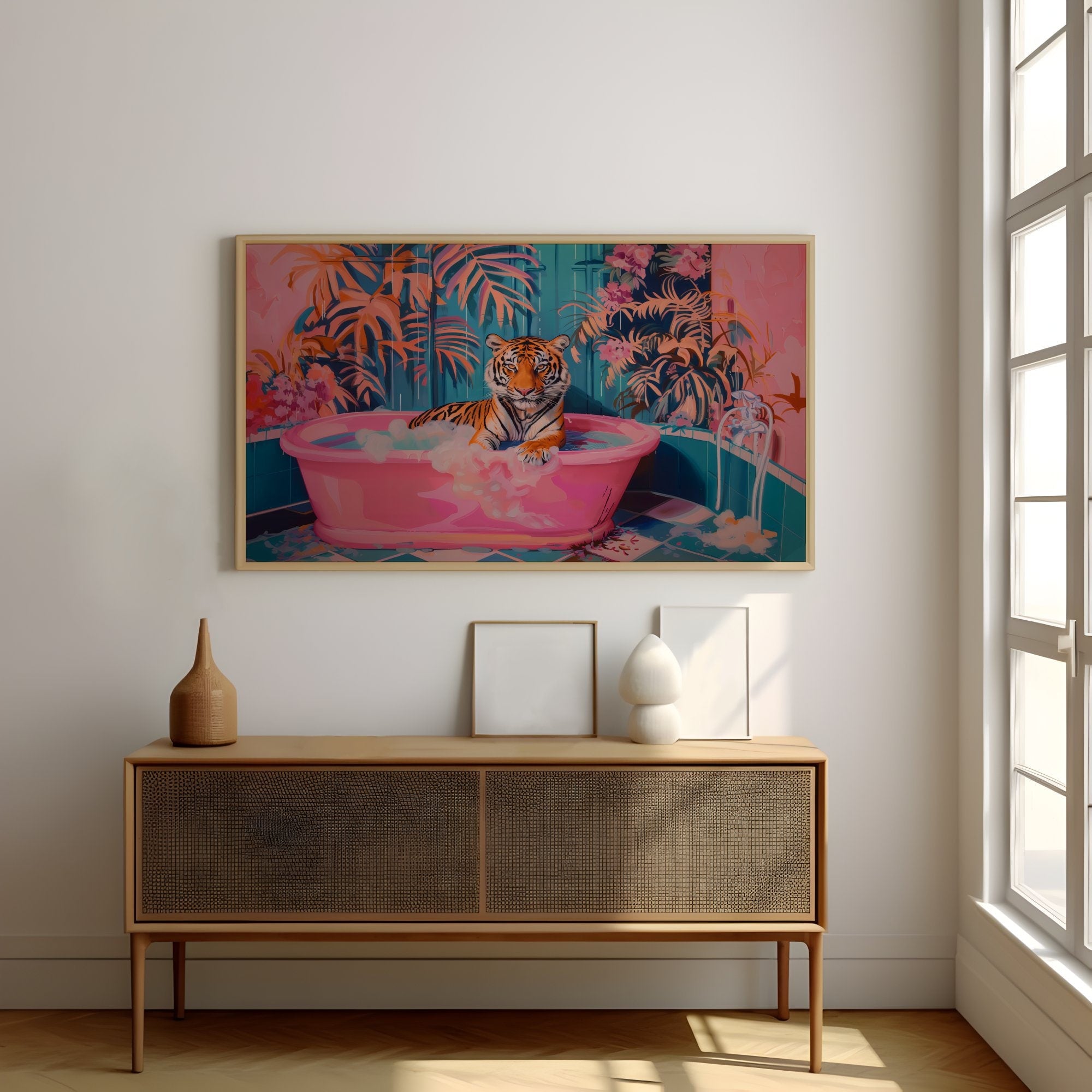 Tiger in Pink Bath Tub Maximalist Dopamine Bathroom Interactive Wall Art