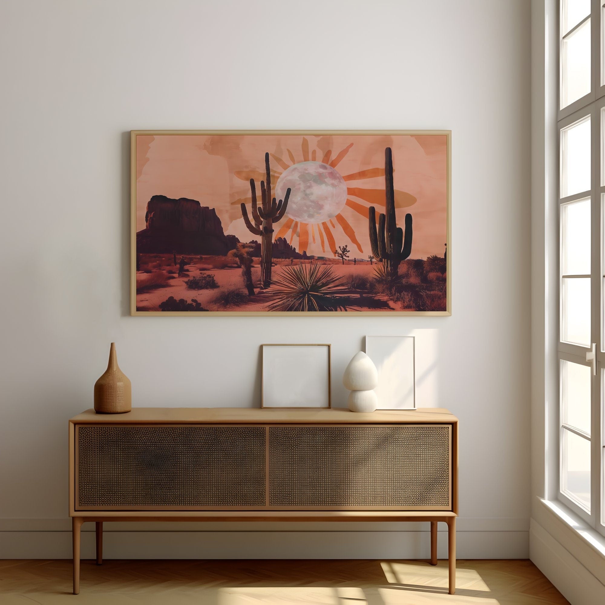 Desert Dream: Sun and Moon Cactus Art | Boho Southwest Joshua Tree Landscape