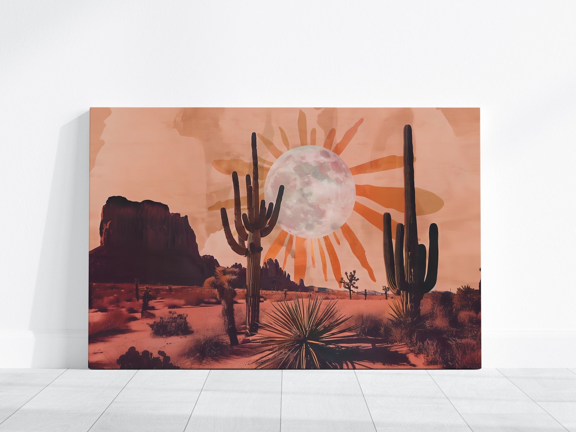 Desert Dream: Sun and Moon Cactus Art | Boho Southwest Joshua Tree Landscape