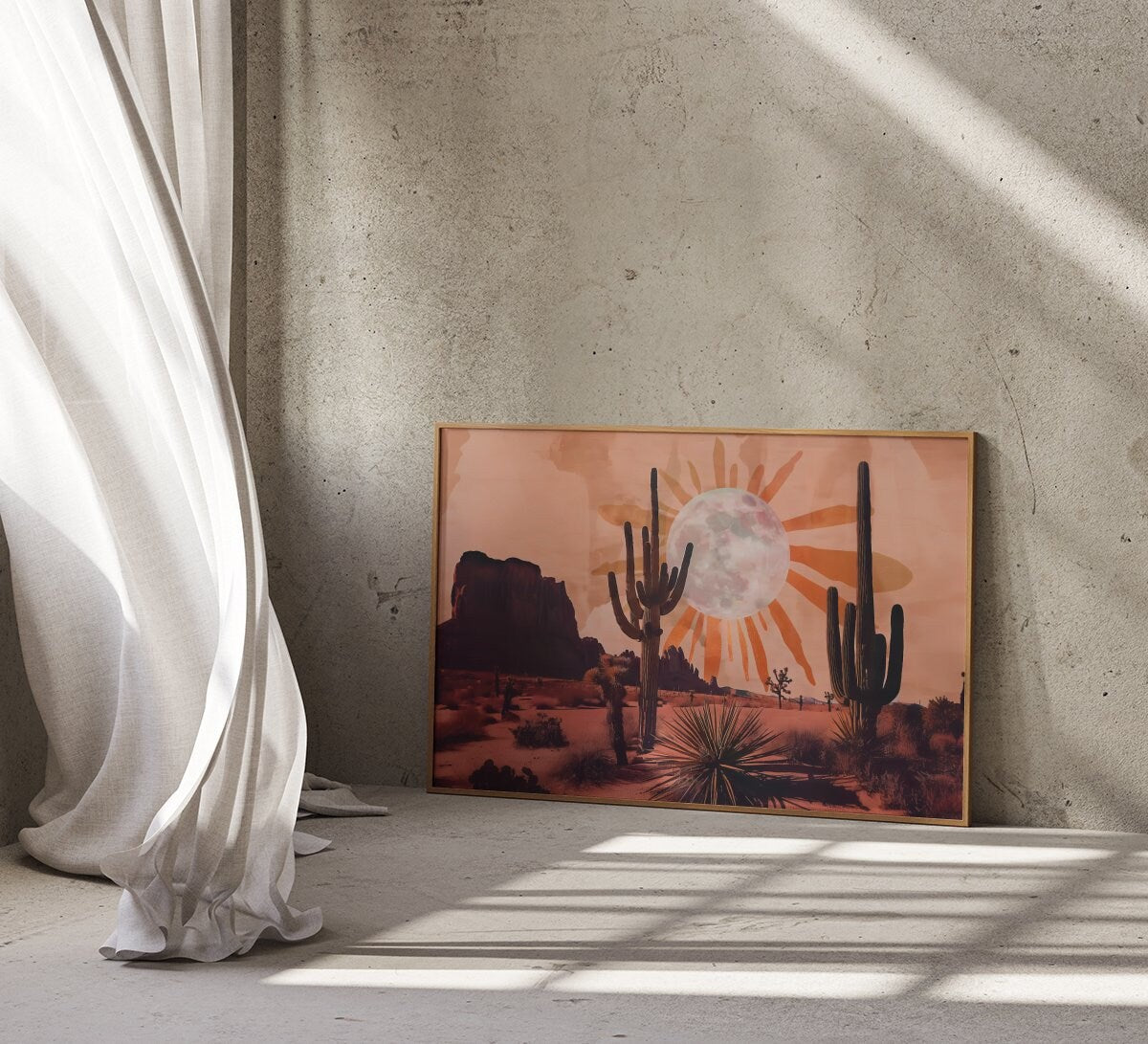 Desert Dream: Sun and Moon Cactus Art | Boho Southwest Joshua Tree Landscape